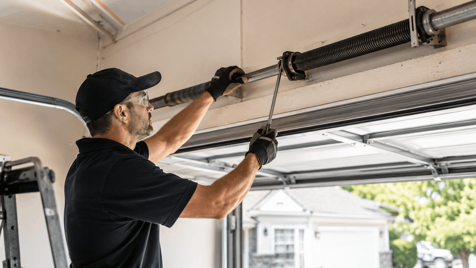 Professional technician adjusting garage door torsion spring with winding bars in Irvine