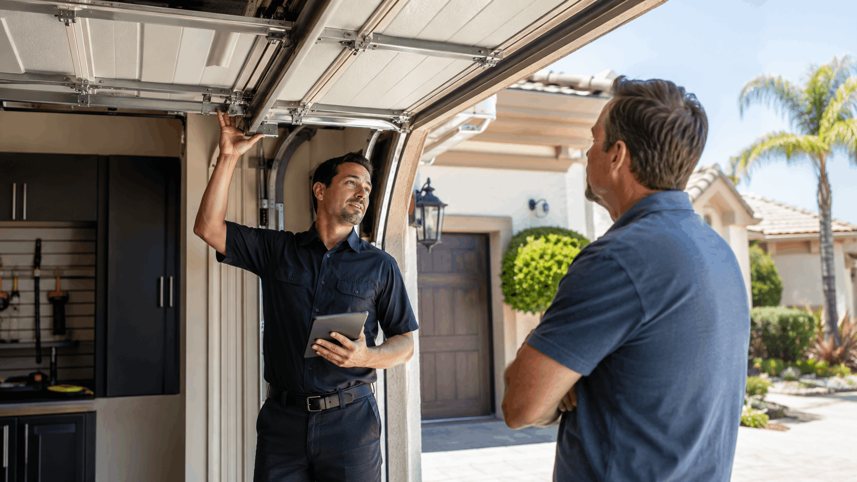 Garage door technician inspecting overhead door mechanism with homeowner in Irvine driveway