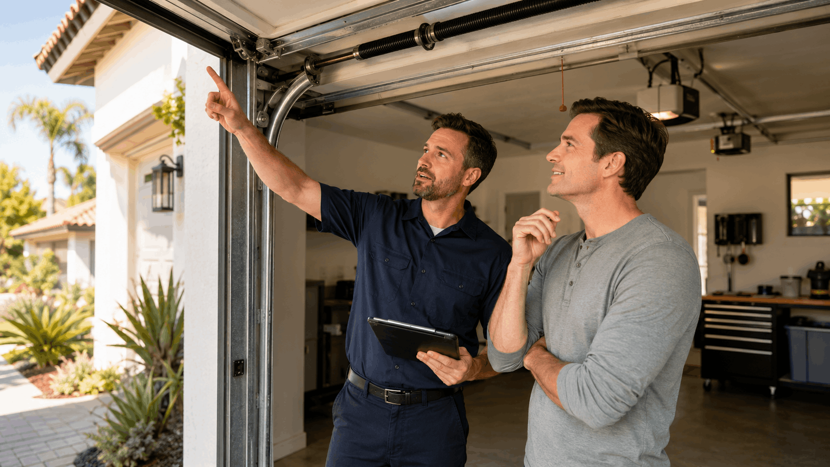 Garage door technician with tablet explaining spring mechanism to Irvine homeowner