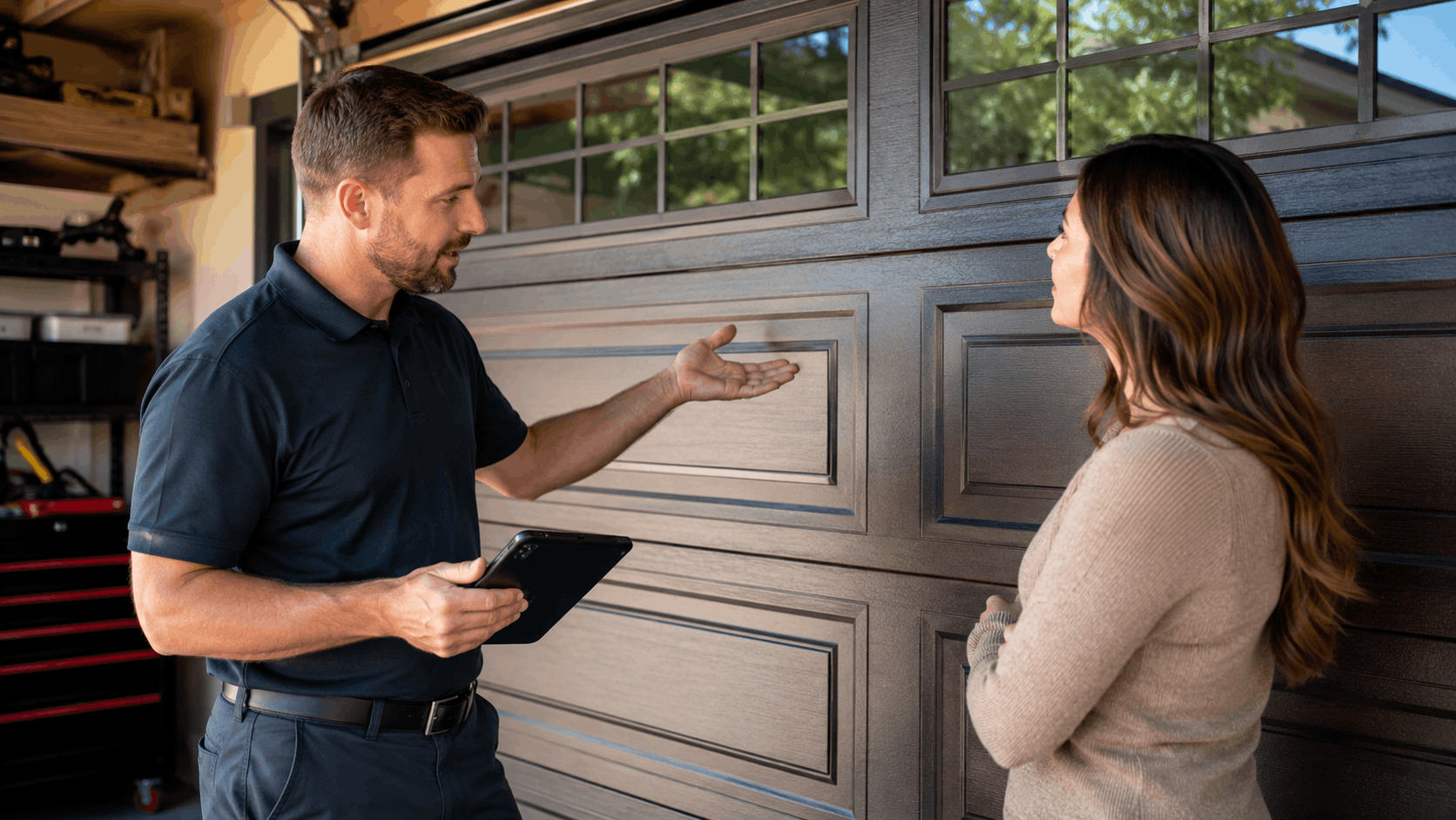 Garage door technician explaining urgent repair assessment to Irvine homeowner with tablet