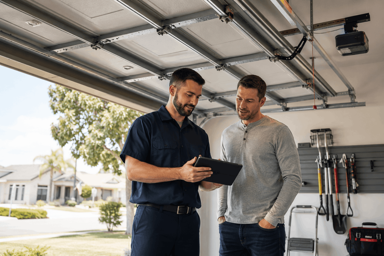 Garage door technician showing tablet estimate to Irvine homeowner during service consultation