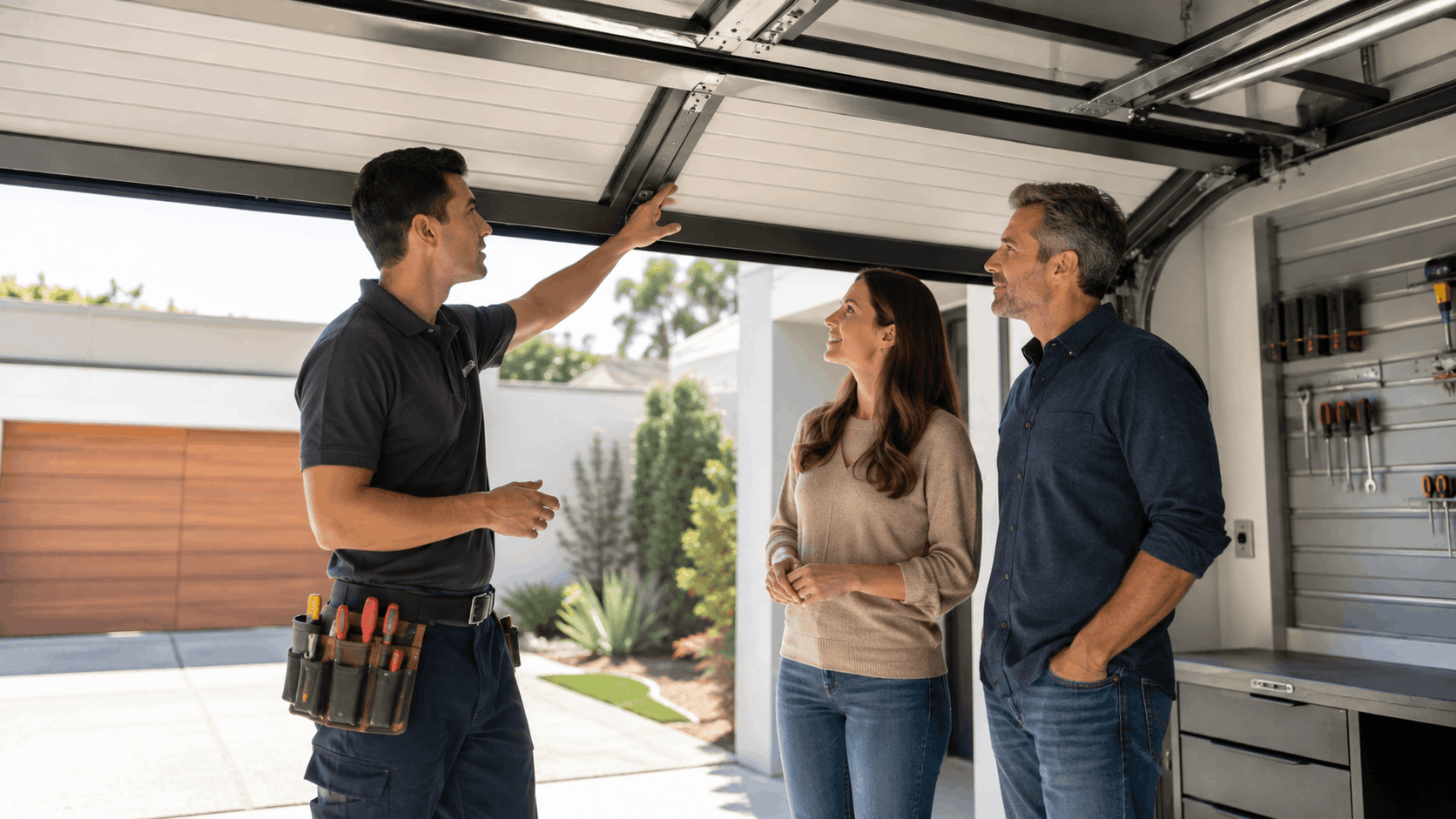 Garage door technician explaining repairs to homeowners inside Irvine residential garage