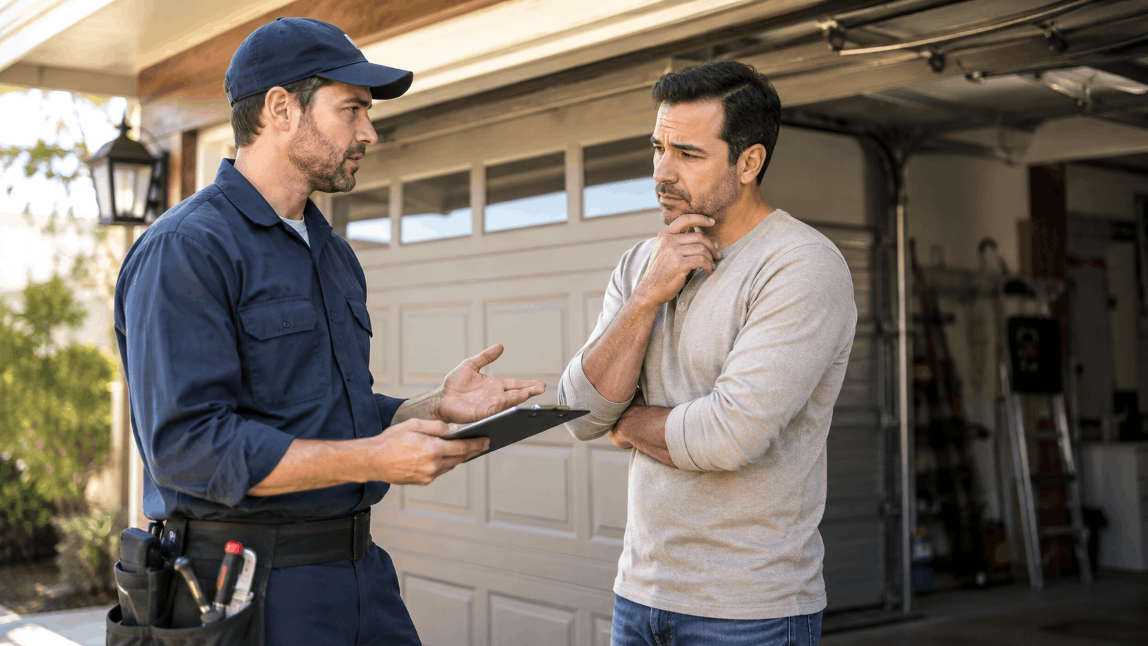 Technician showing garage door repair quote on clipboard to concerned Irvine homeowner