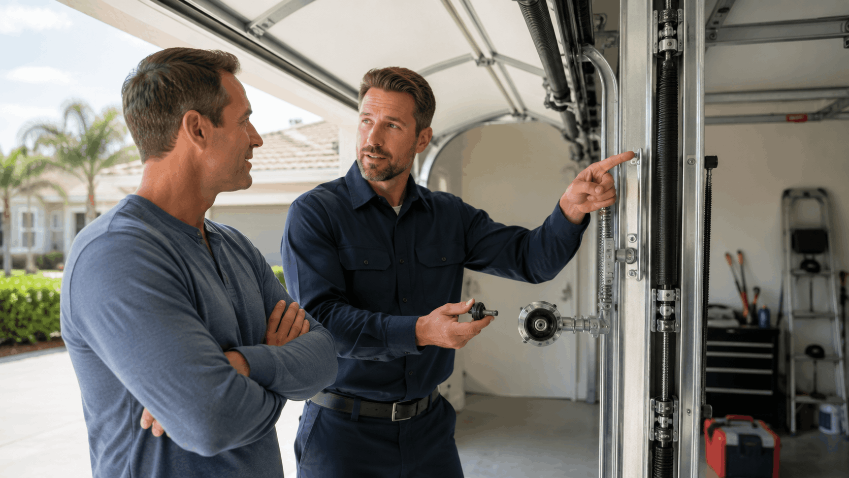 Garage door technician explaining spring components to Irvine homeowner during professional inspection