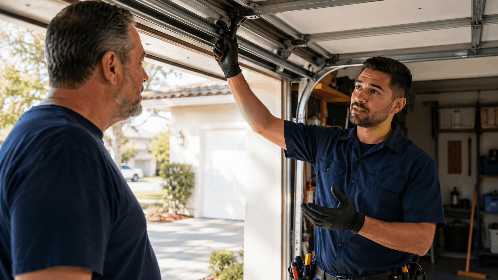 Garage door technician explaining repair work to Irvine homeowner in blue uniform
