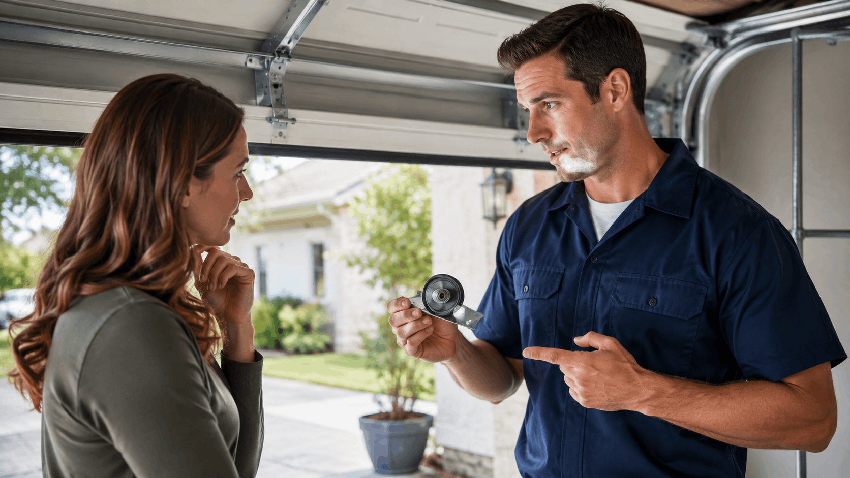Garage door technician showing worn roller part to Irvine homeowner during repair consultation