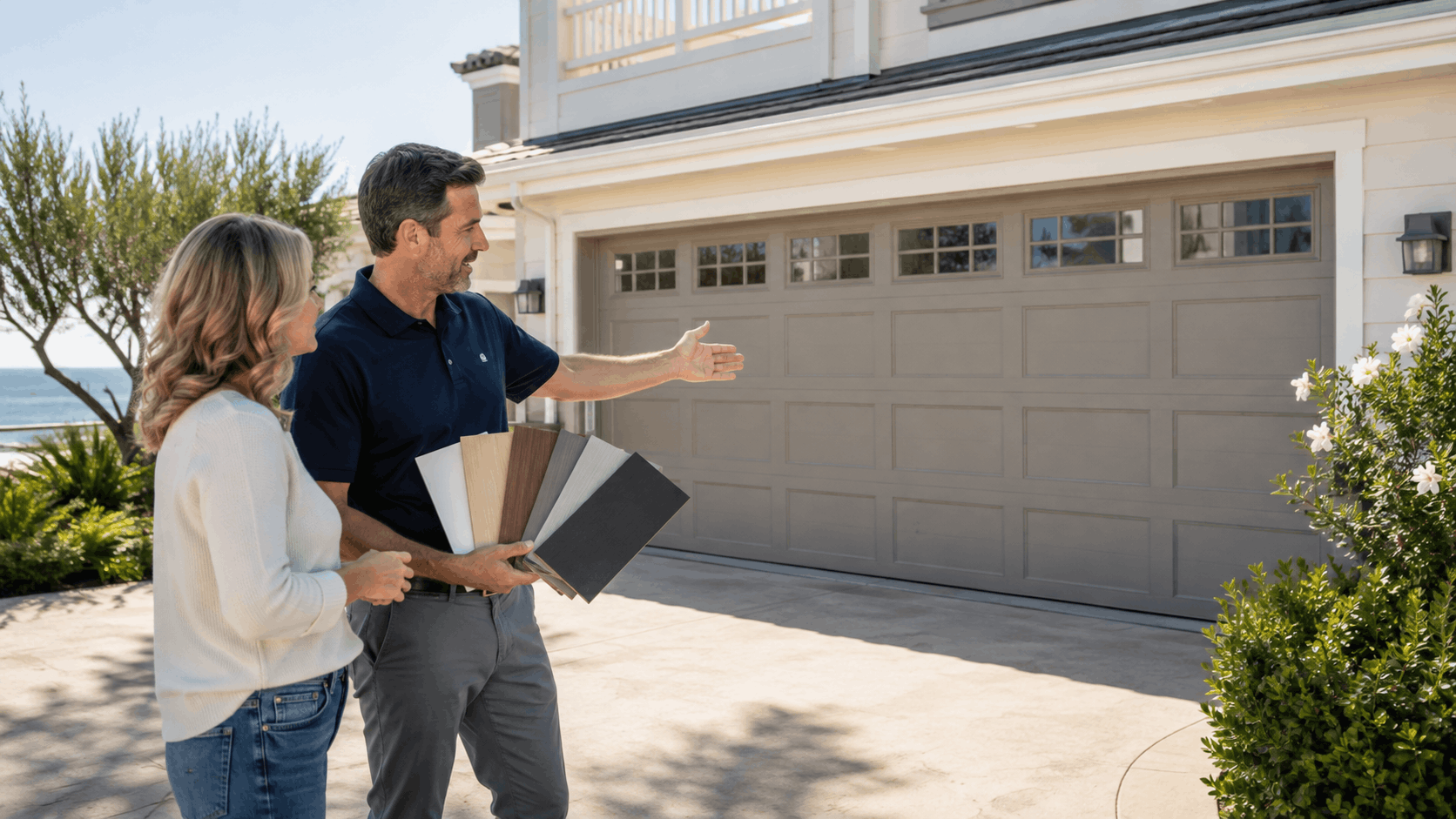 Garage door consultant showing color samples to homeowner outside Newport Beach coastal property