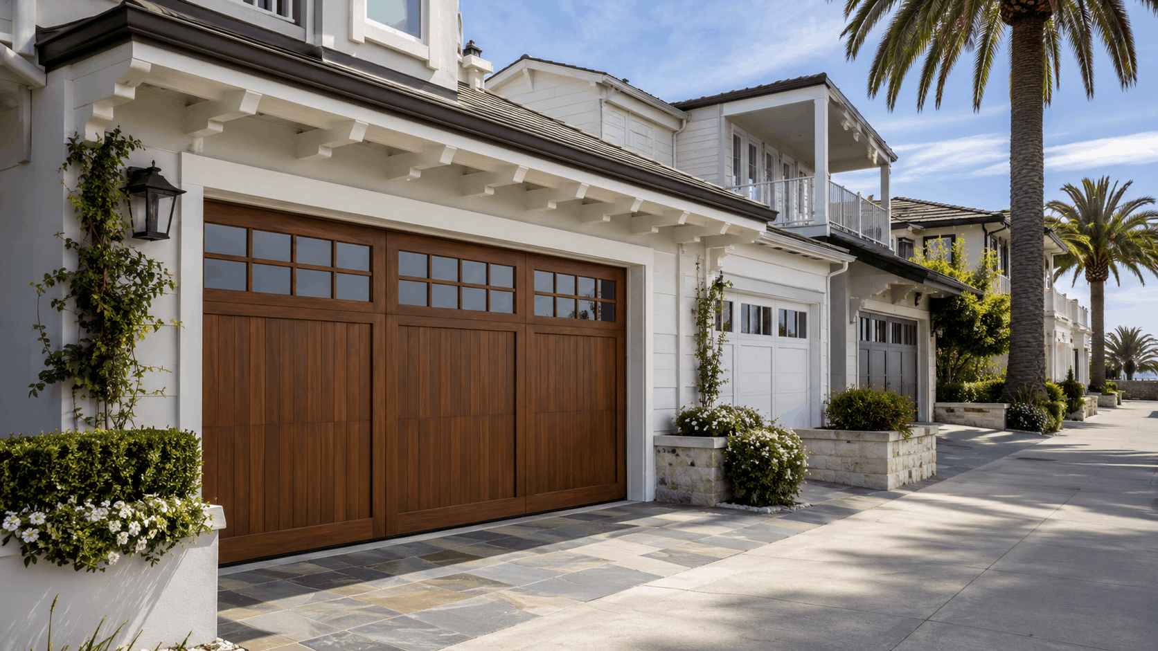 Craftsman wood garage door with glass panels on white Newport Beach home