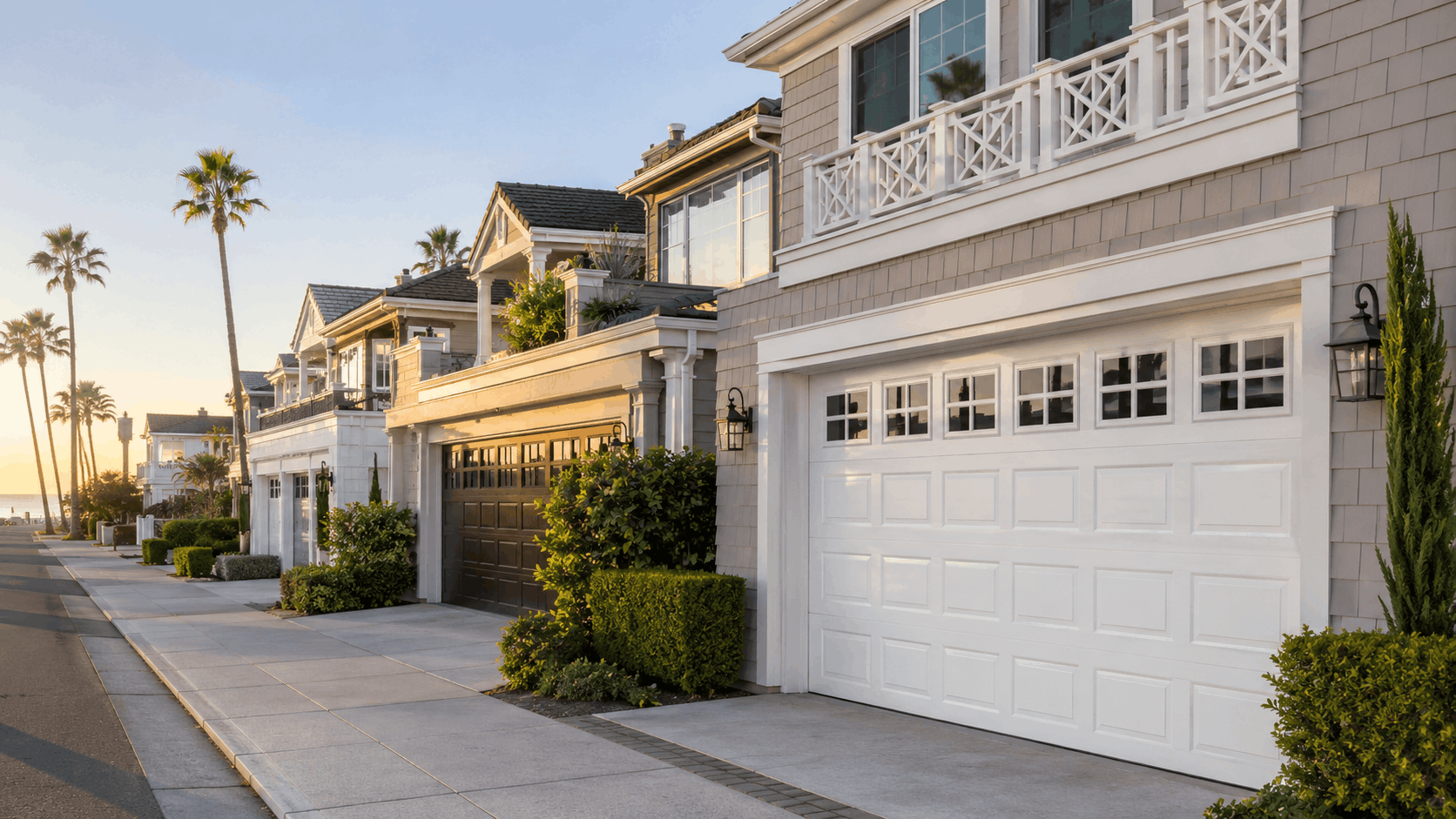 Irvine HOA neighborhood street with white and brown garage doors on upscale homes