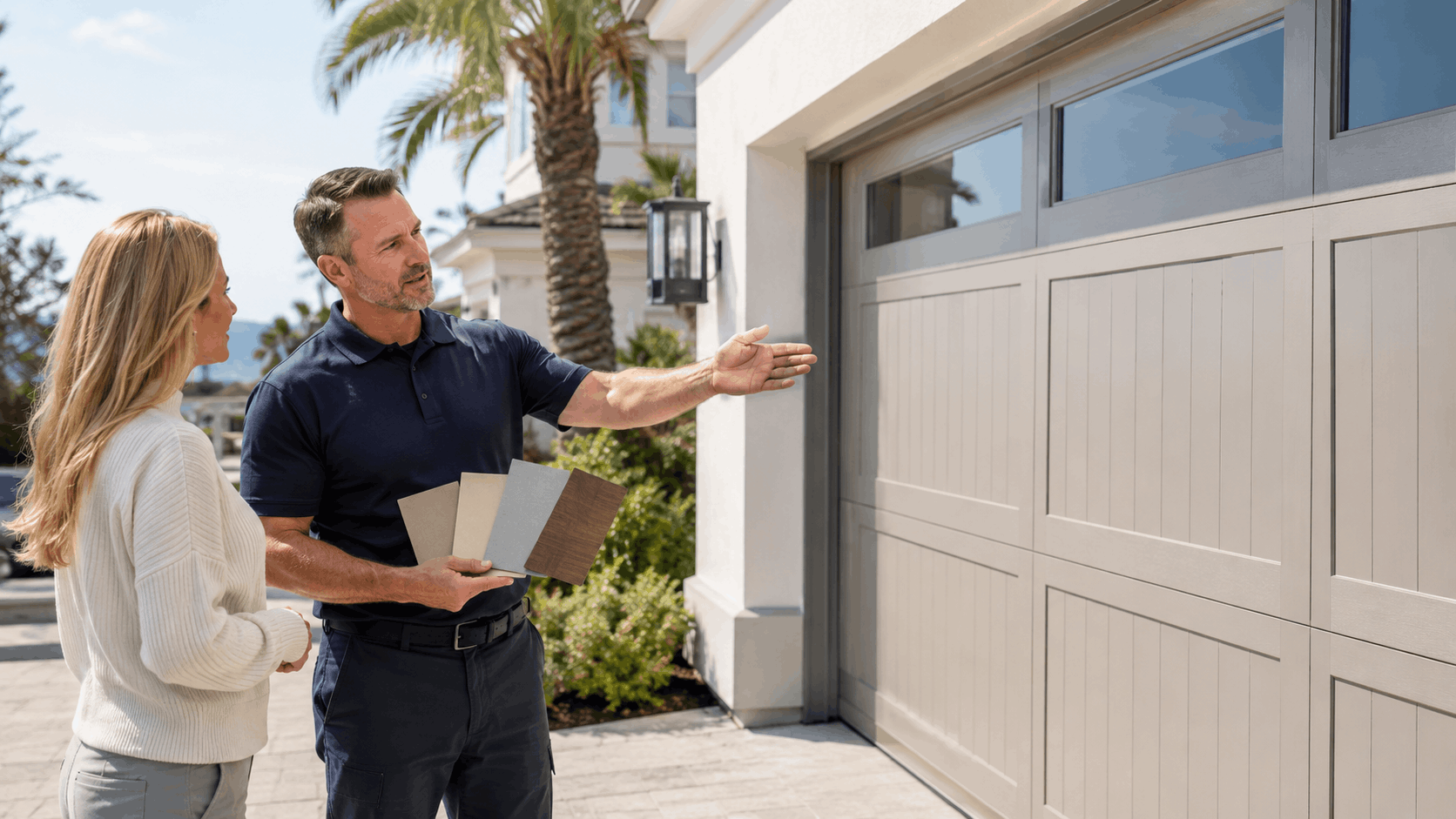 Garage door contractor showing color samples to Newport Beach homeowner during consultation