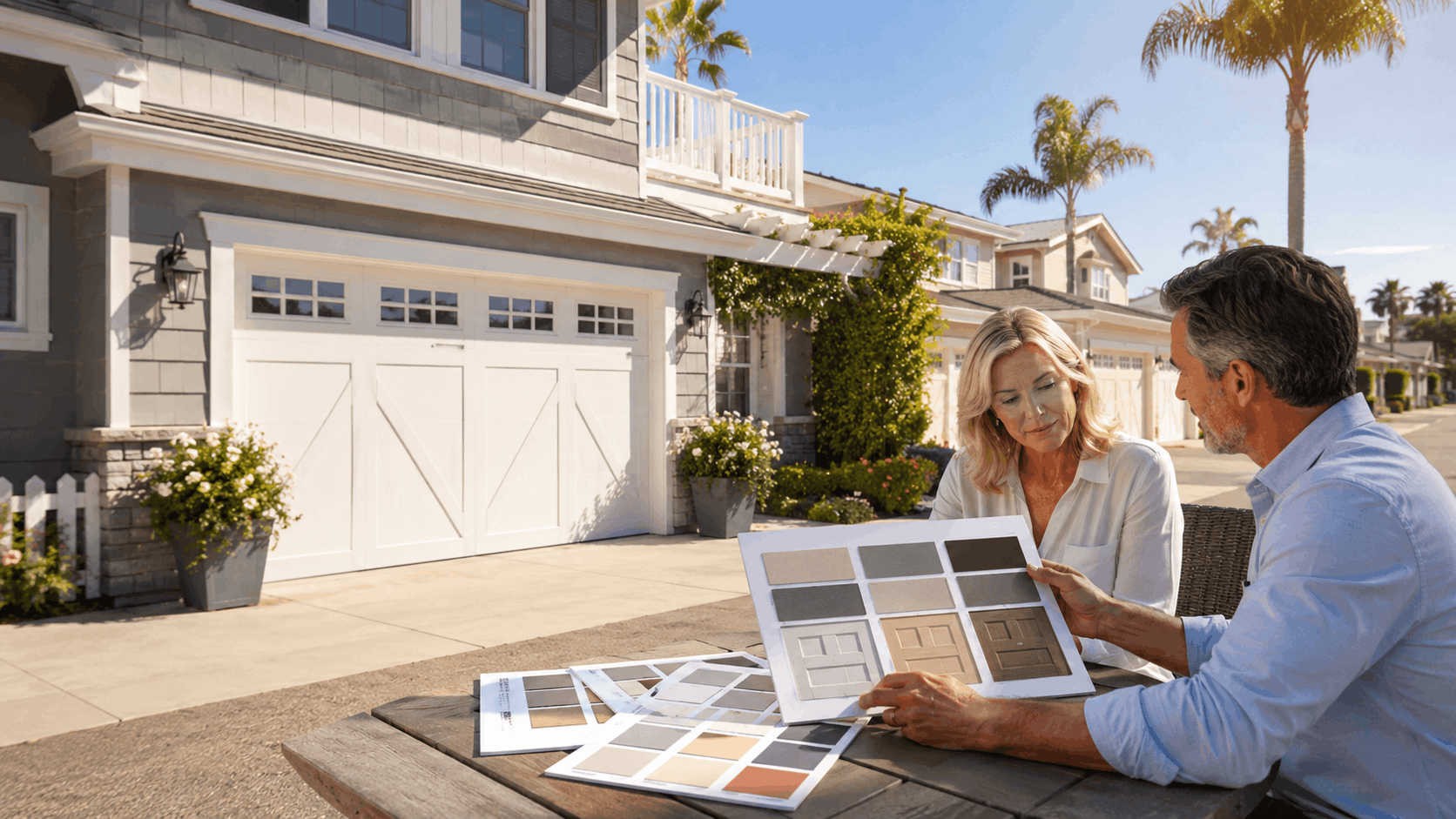 Couple reviewing garage door color samples outside Irvine home with white carriage-style garage door