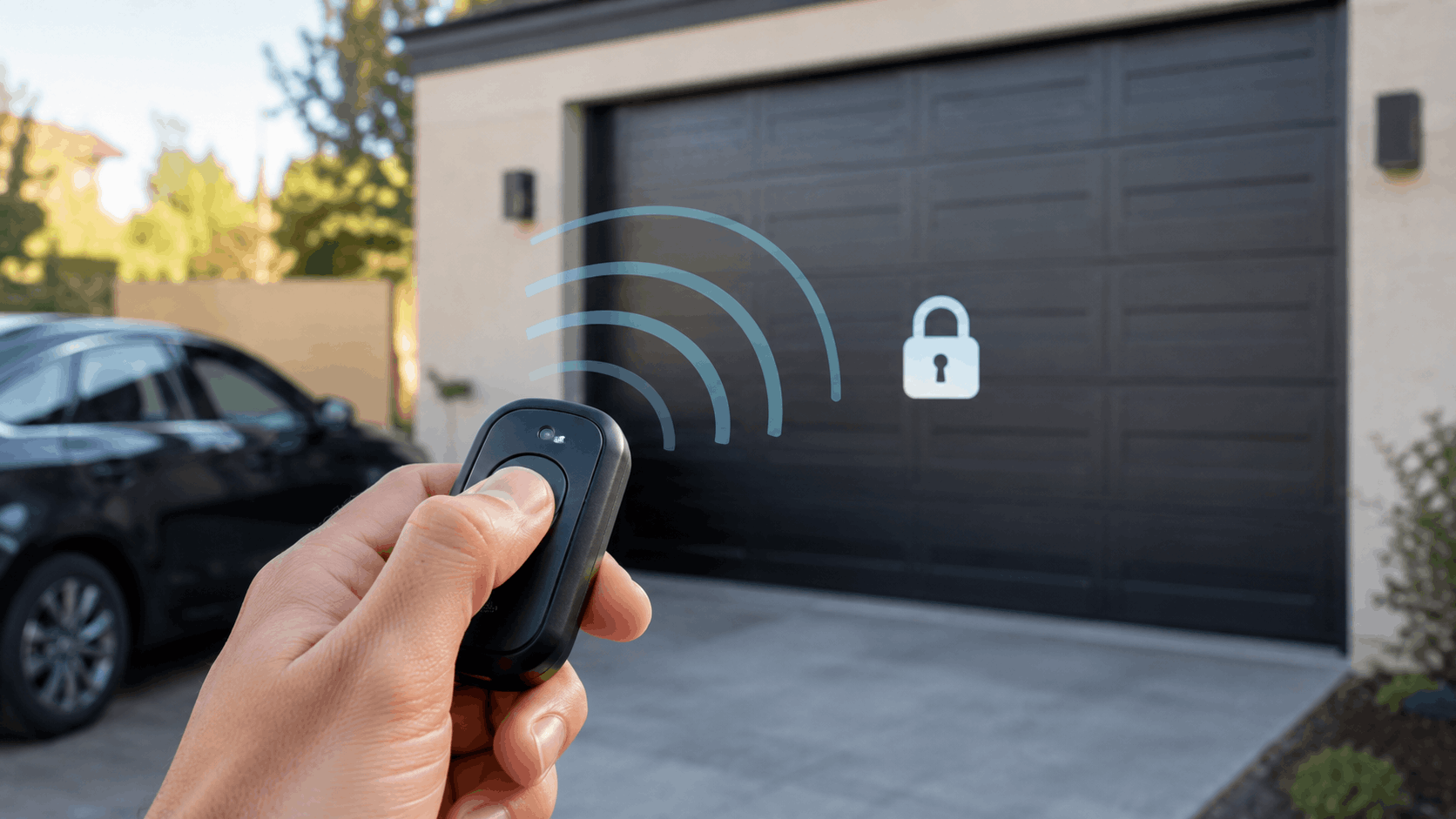 Hand holding garage door remote transmitting rolling code signal to secure locked garage door