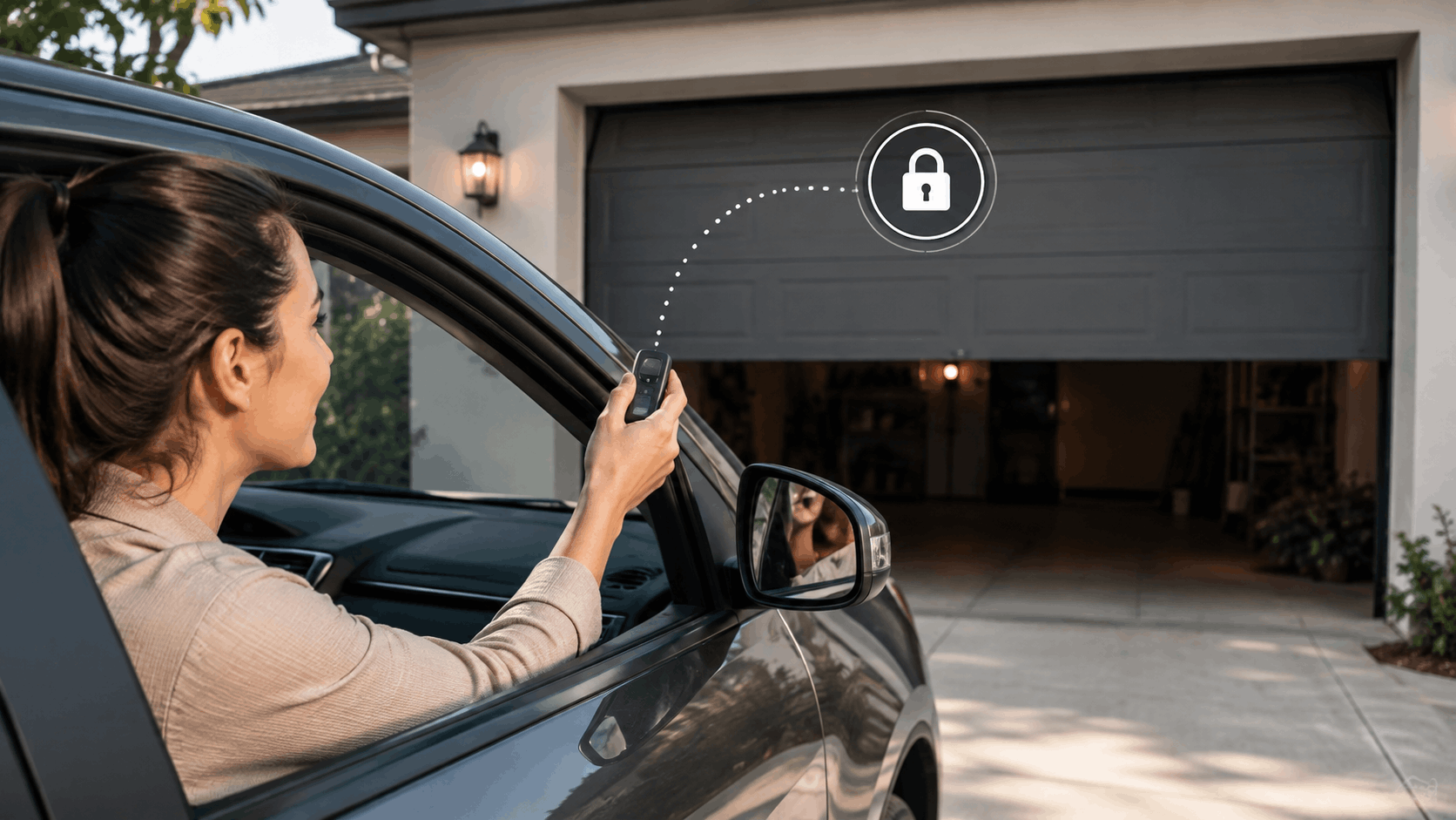 Woman using rolling code garage door remote from car window in Irvine driveway