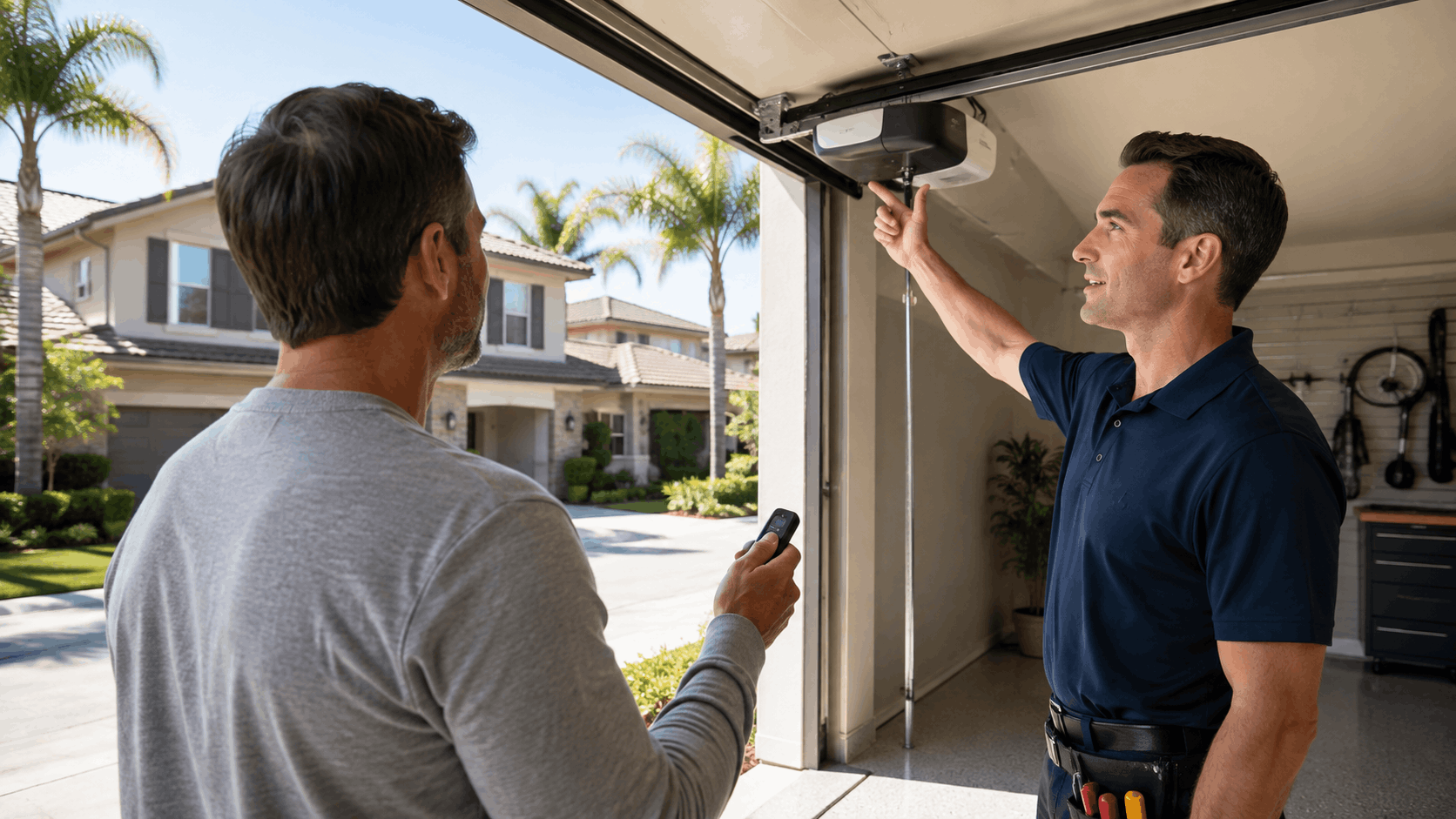 Technician pointing at rolling code garage door opener while homeowner holds remote