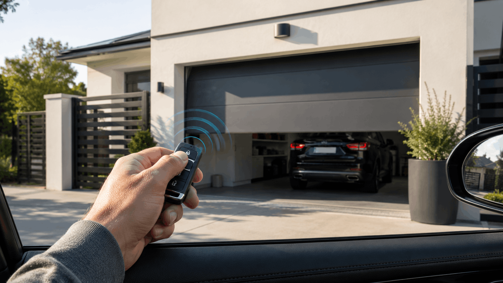 Hand using remote control to open modern garage door in Irvine home