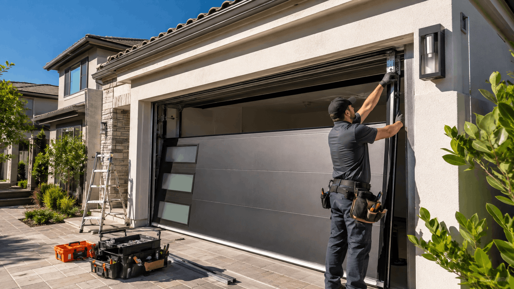 Technician installing modern dark gray garage door with glass panels on Irvine home