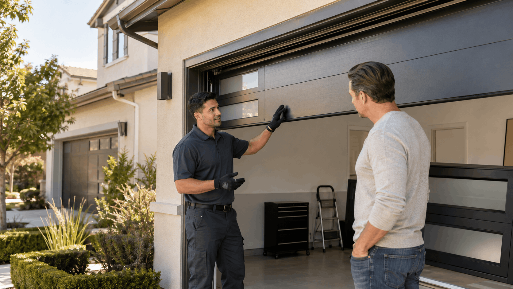 Garage door technician inspecting modern dark panel door with Irvine homeowner