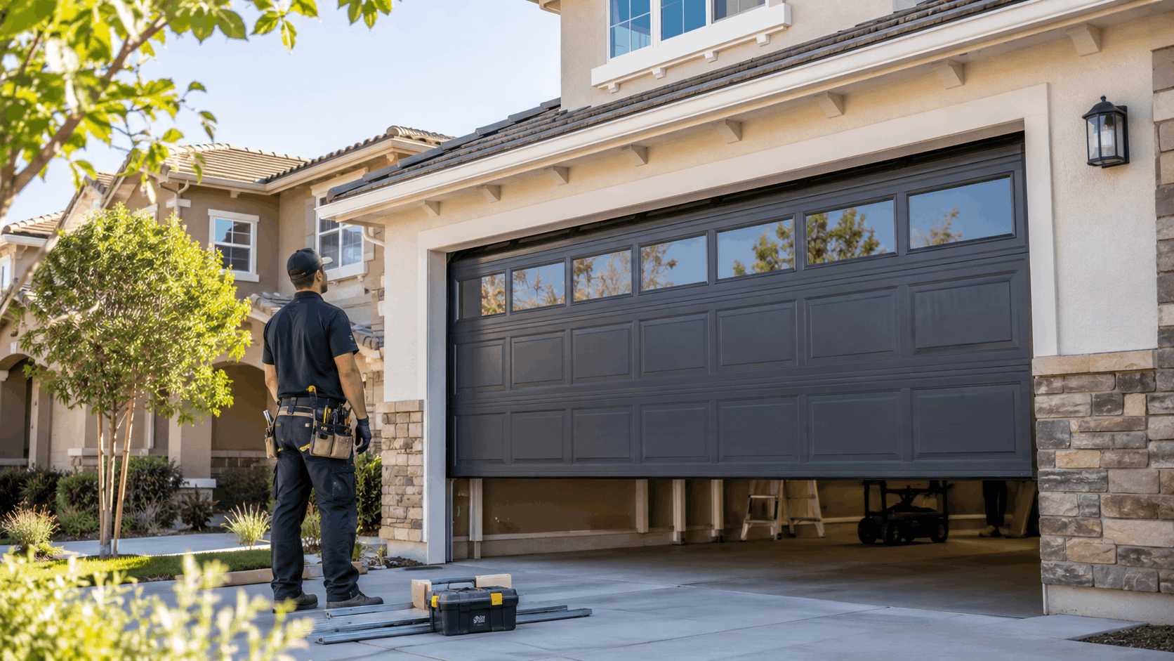 Garage door technician inspecting dark gray sectional door installation at Irvine home
