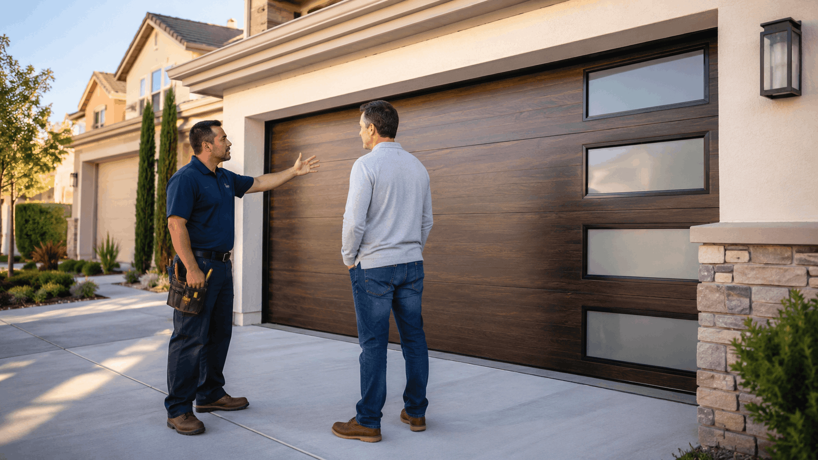 Garage door technician explaining new wood panel garage door maintenance to Irvine homeowner