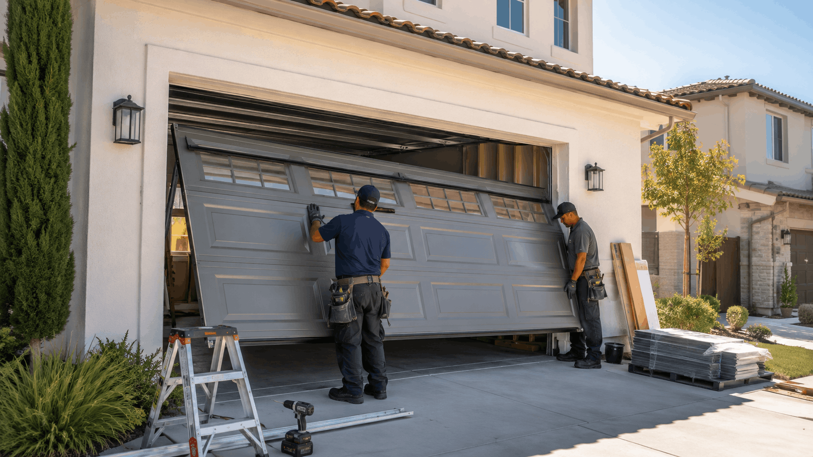 Two professional technicians installing a new garage door at an Irvine residential home