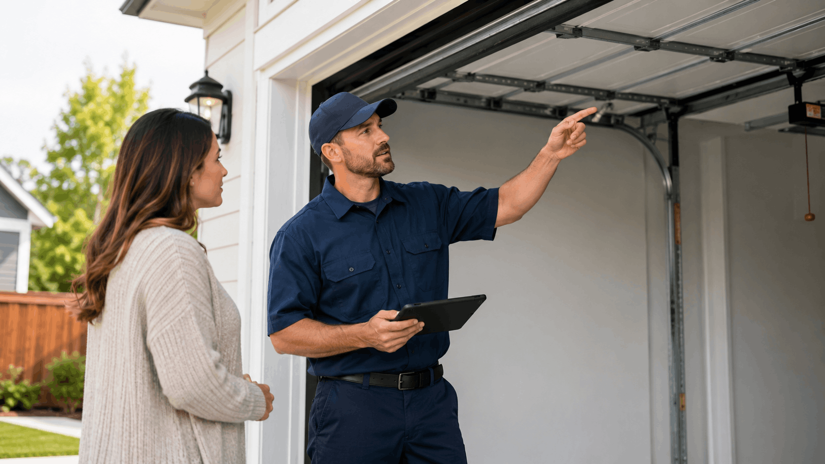 Licensed garage door contractor inspecting open garage door mechanism with homeowner in Irvine