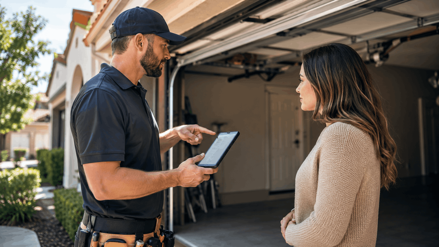 Contractor showing tablet estimate to homeowner outside open garage door in Irvine
