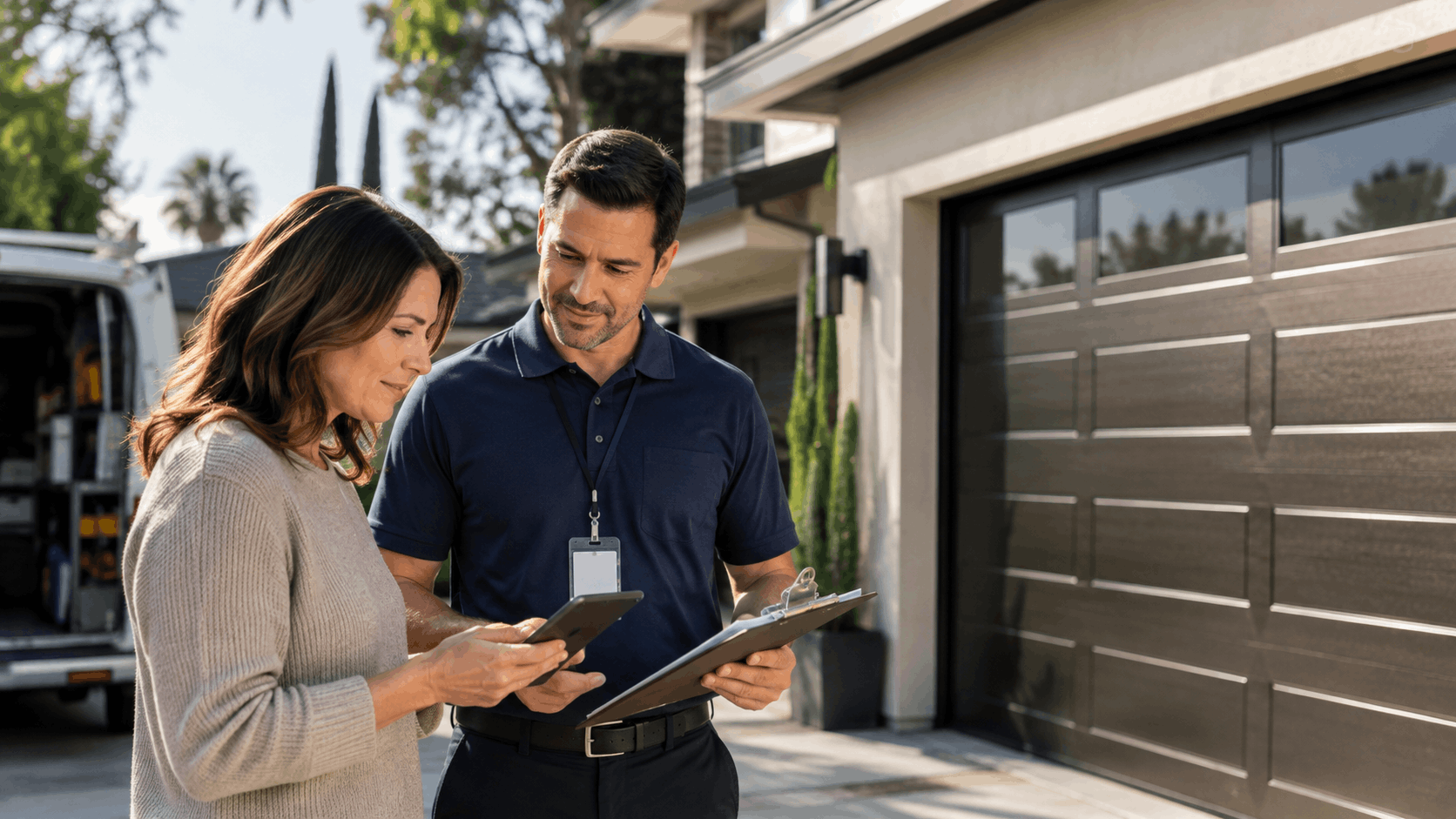 Homeowner reviewing clipboard with garage door contractor outside modern Irvine home