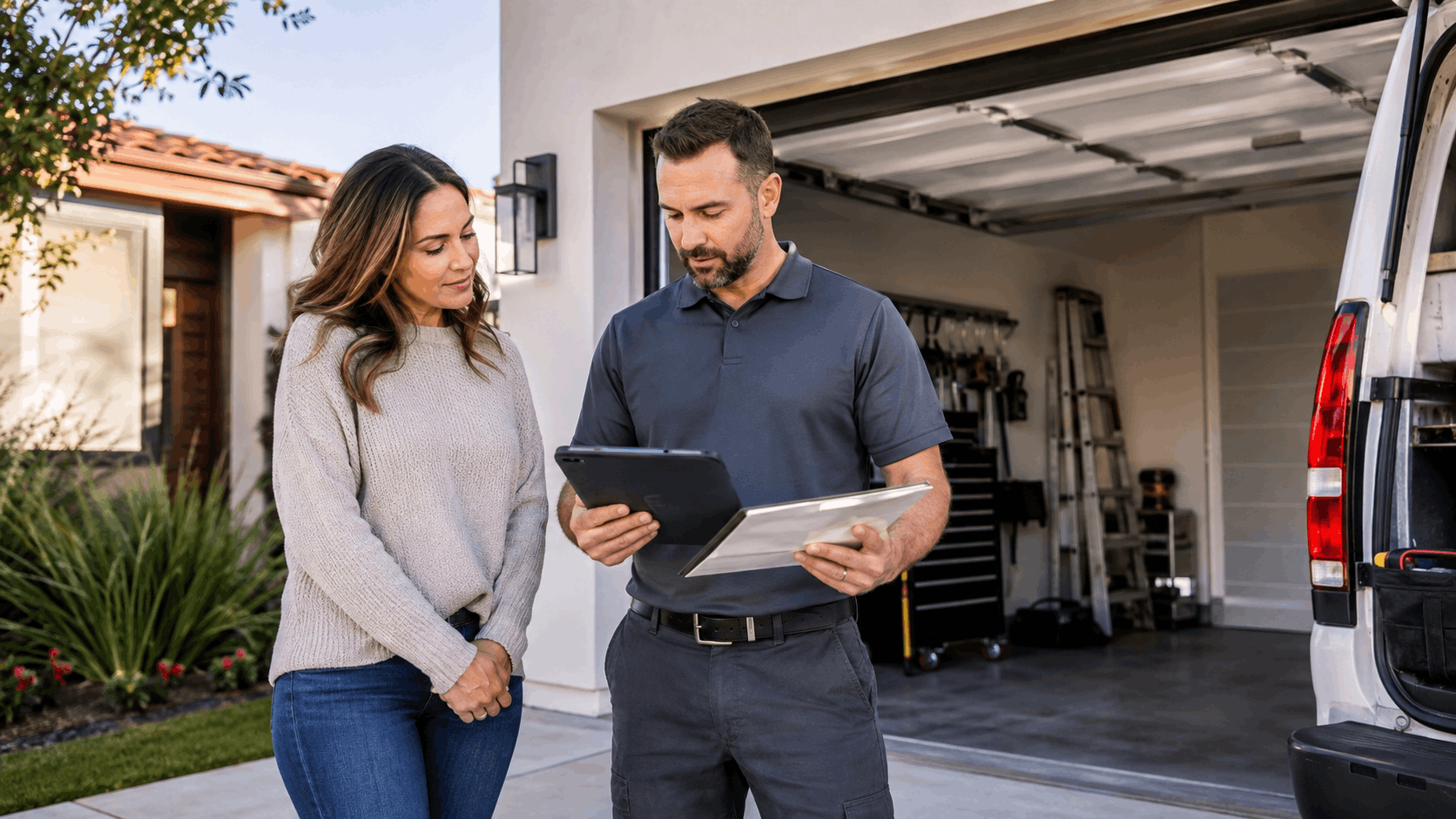 Technician showing homeowner garage door repair estimate on tablet in Irvine driveway