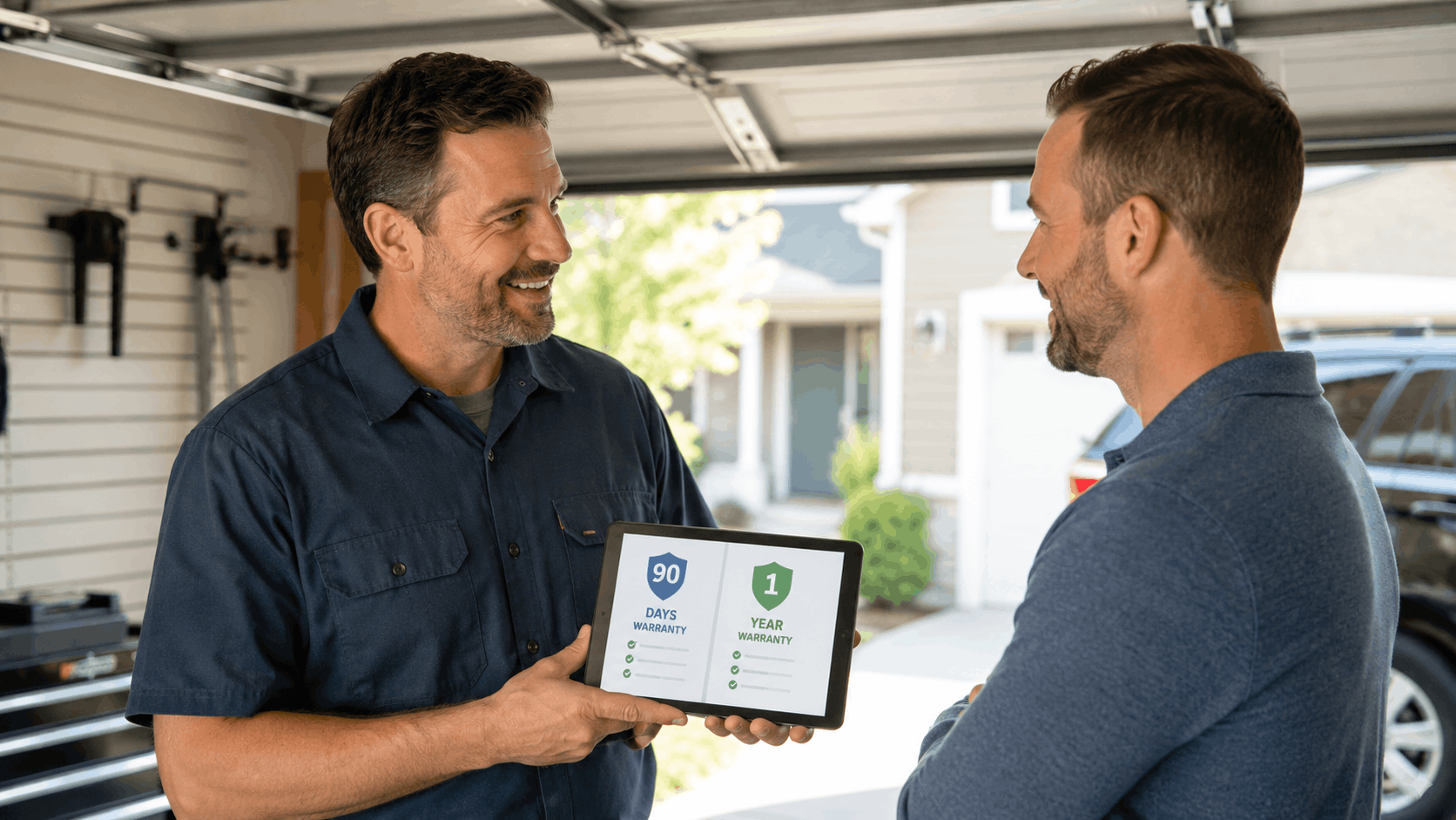 Garage door technician showing customer 90-day and 1-year warranty options on tablet