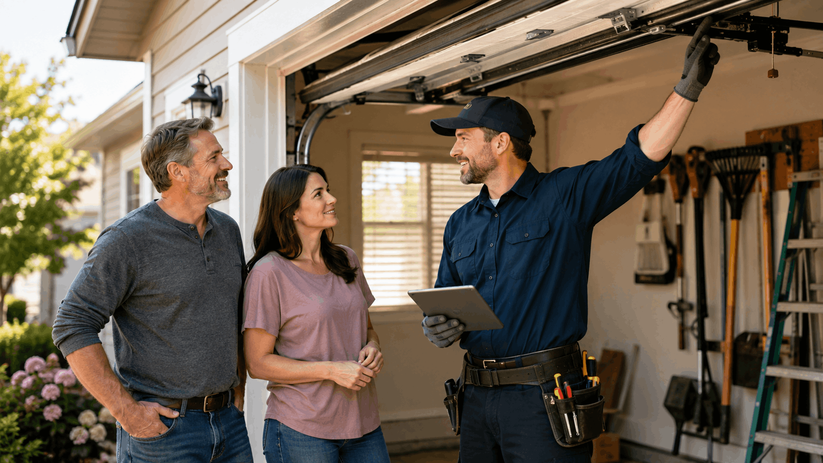 Garage door technician inspecting door mechanism with homeowners in Irvine driveway
