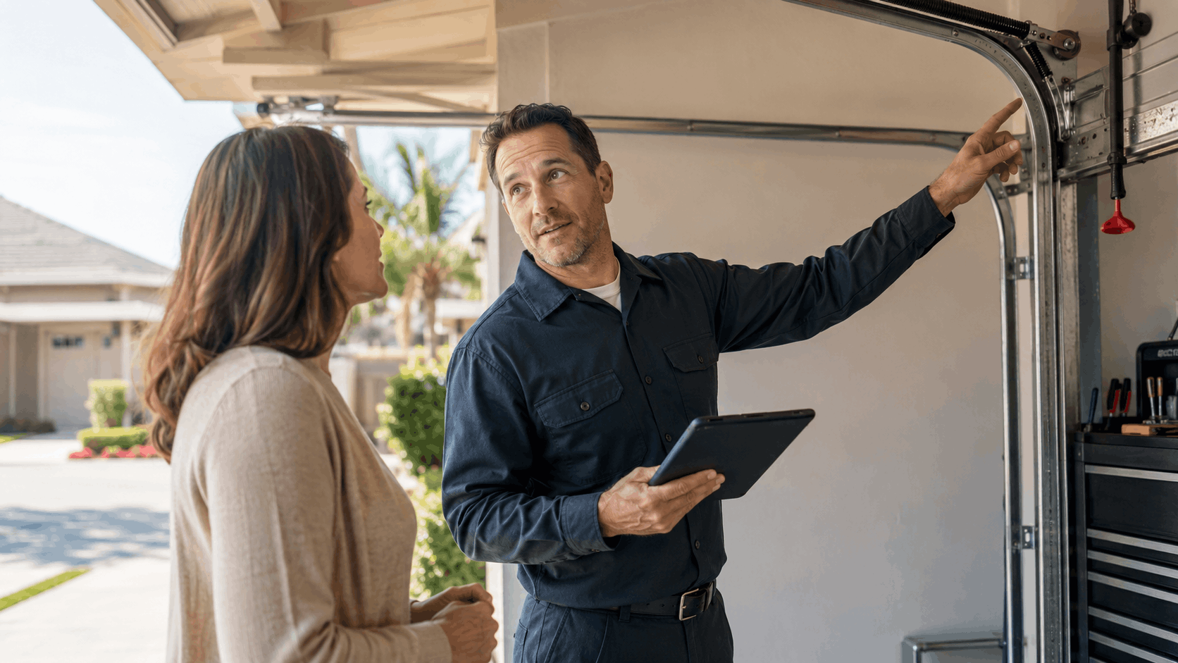 Garage door technician explaining warranty inspection findings to Irvine homeowner with tablet