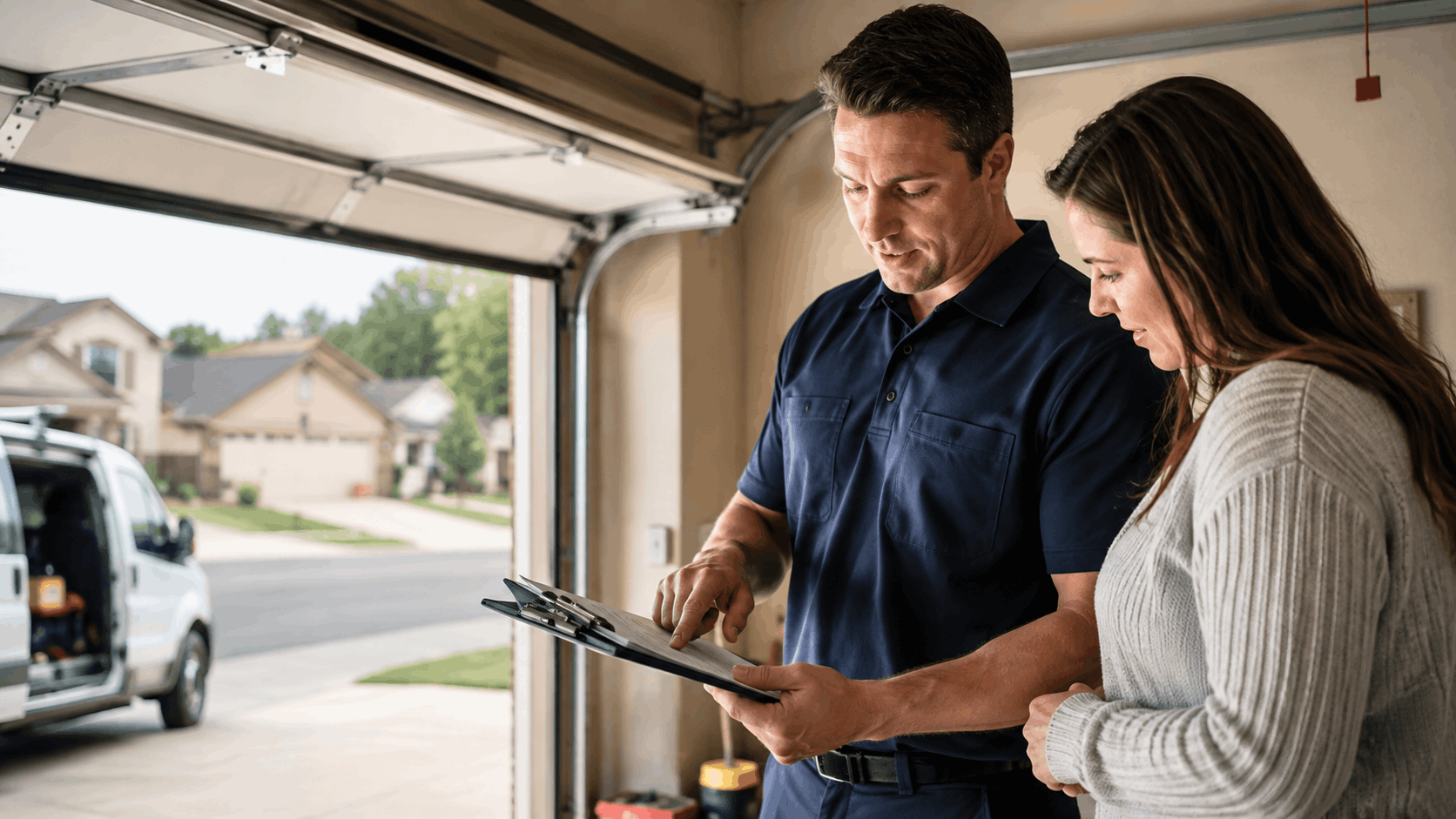 Garage door technician reviewing warranty paperwork with Irvine homeowner in garage