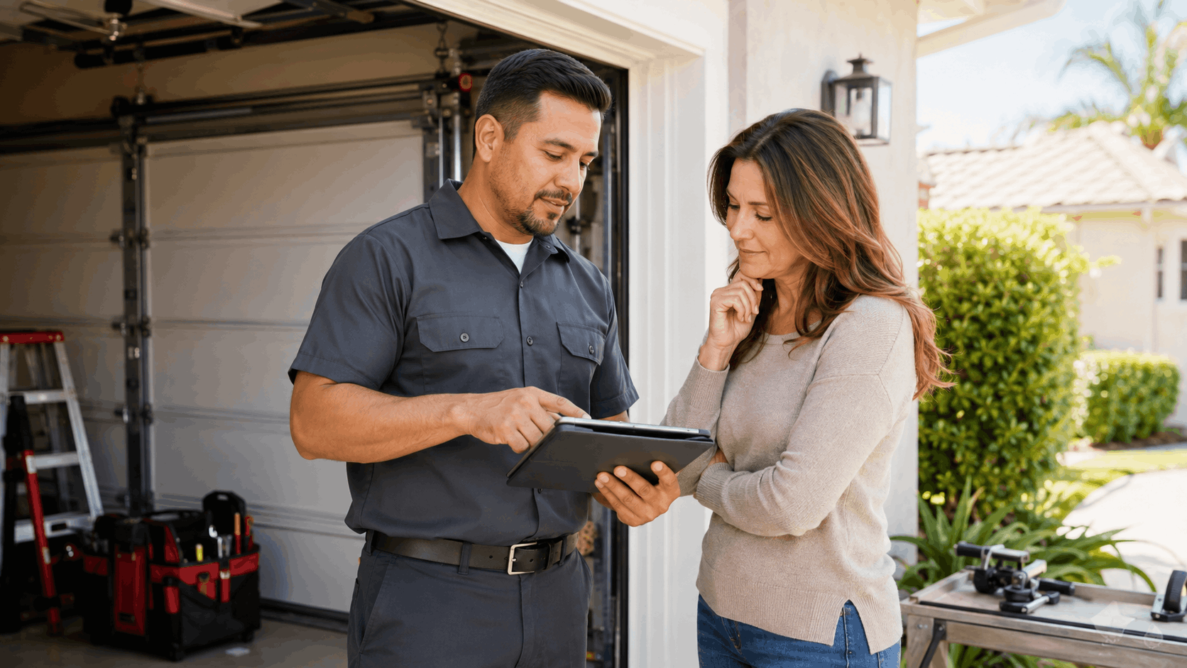 Garage door technician reviewing repair estimate on tablet with Irvine homeowner