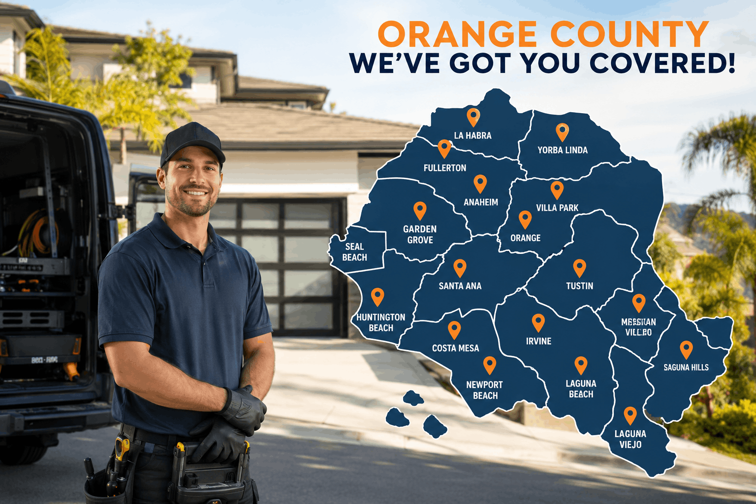 Urgent Garage Doors technician standing beside service van with Orange County coverage map