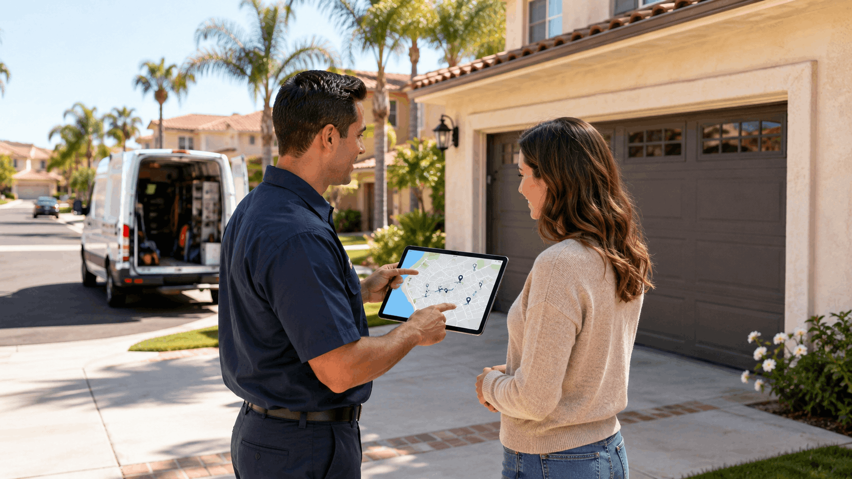 Garage door technician showing homeowner service map on tablet in Orange County neighborhood