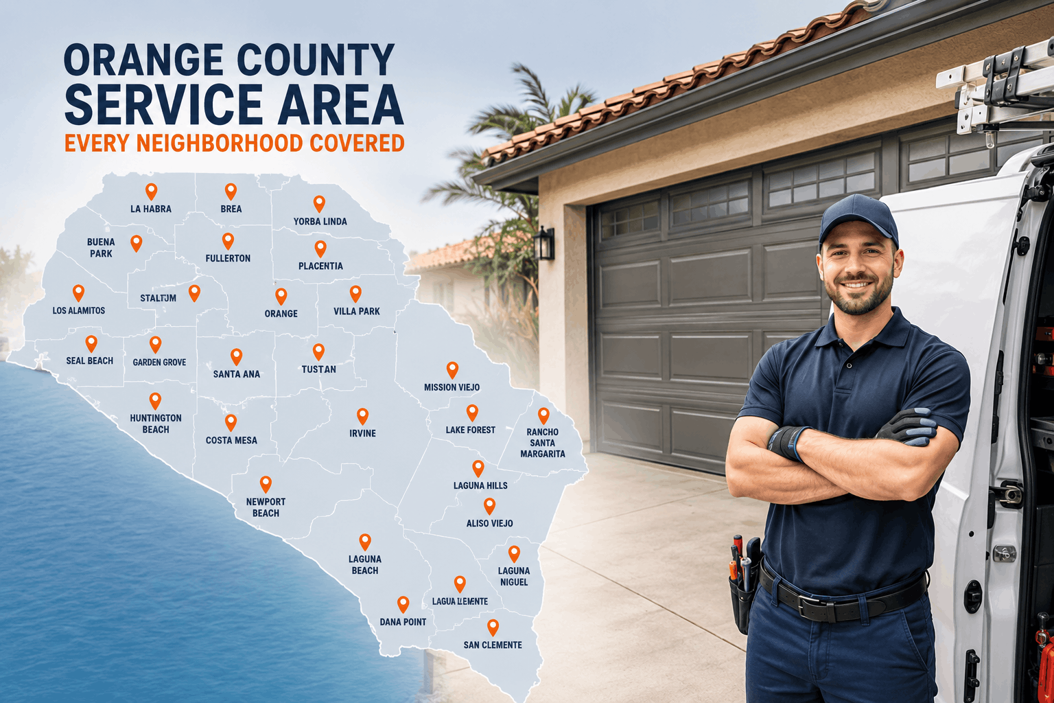 Garage door technician standing beside service van with Orange County coverage map