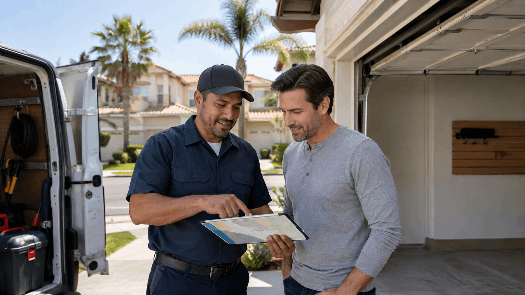 Garage door technician showing homeowner service coverage map on clipboard outside house