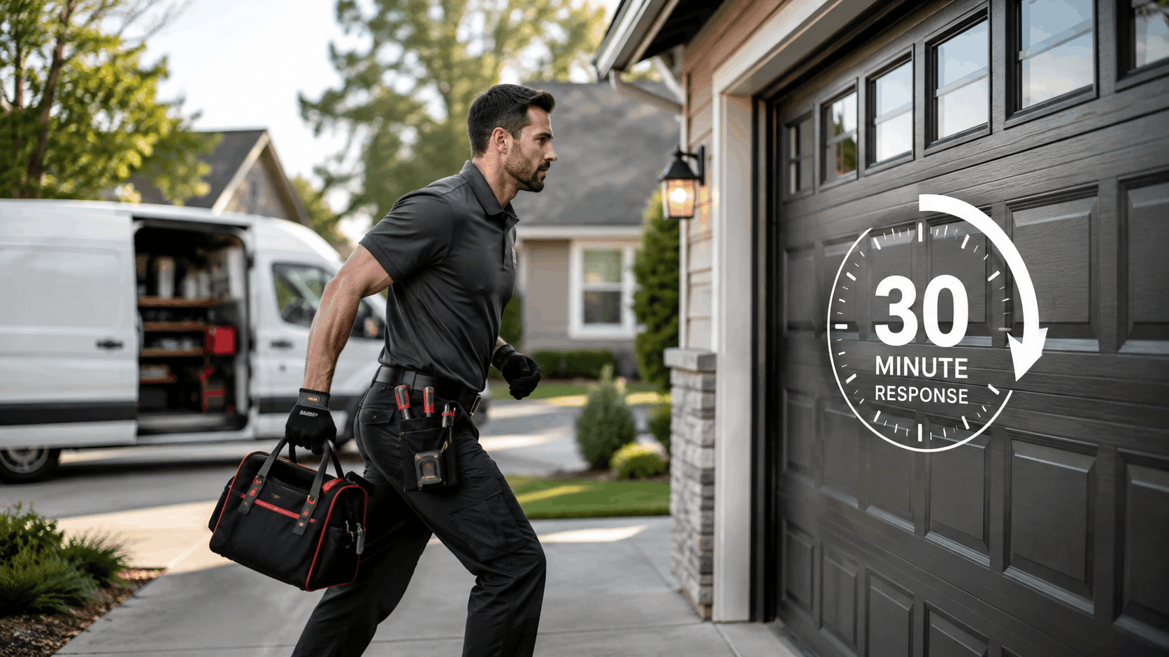 Garage door technician rushing to urgent repair call with 30-minute response guarantee