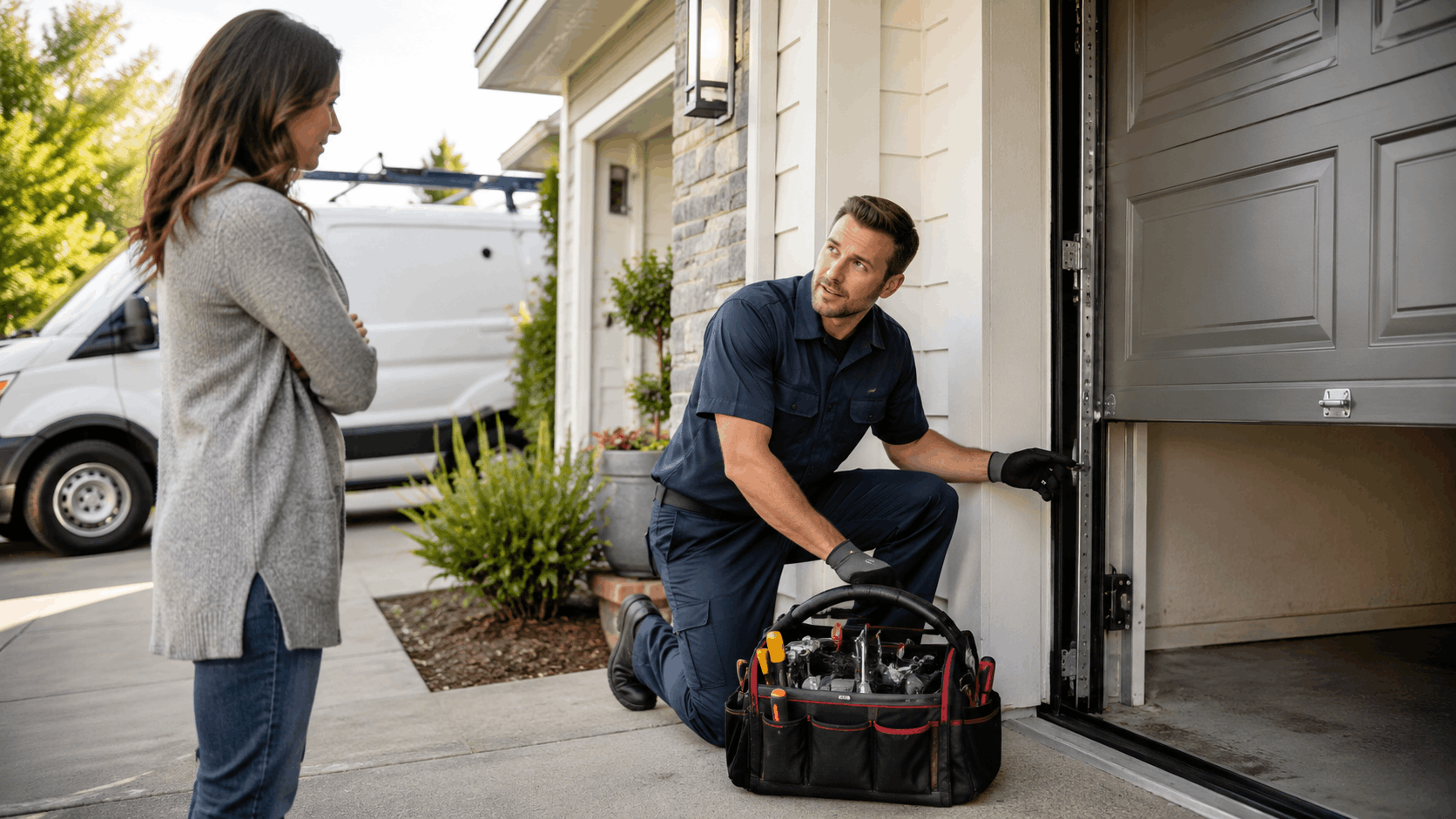 Garage door technician inspecting door track while homeowner watches in Irvine driveway