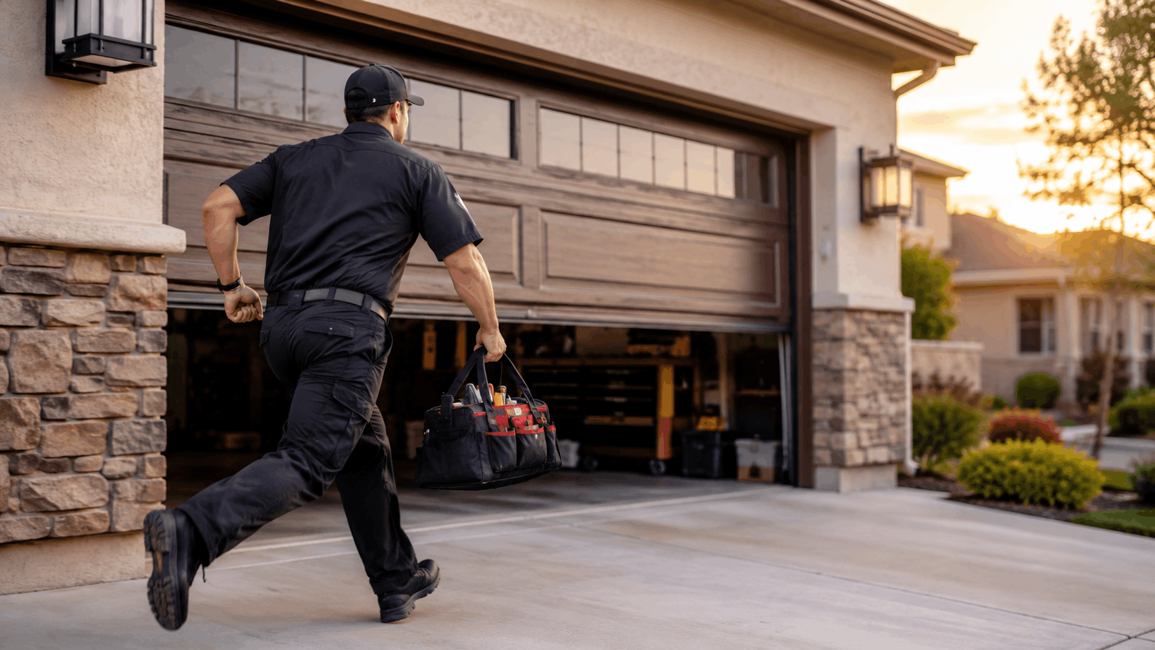 Uniformed garage door technician running urgently toward open residential garage with tool bag
