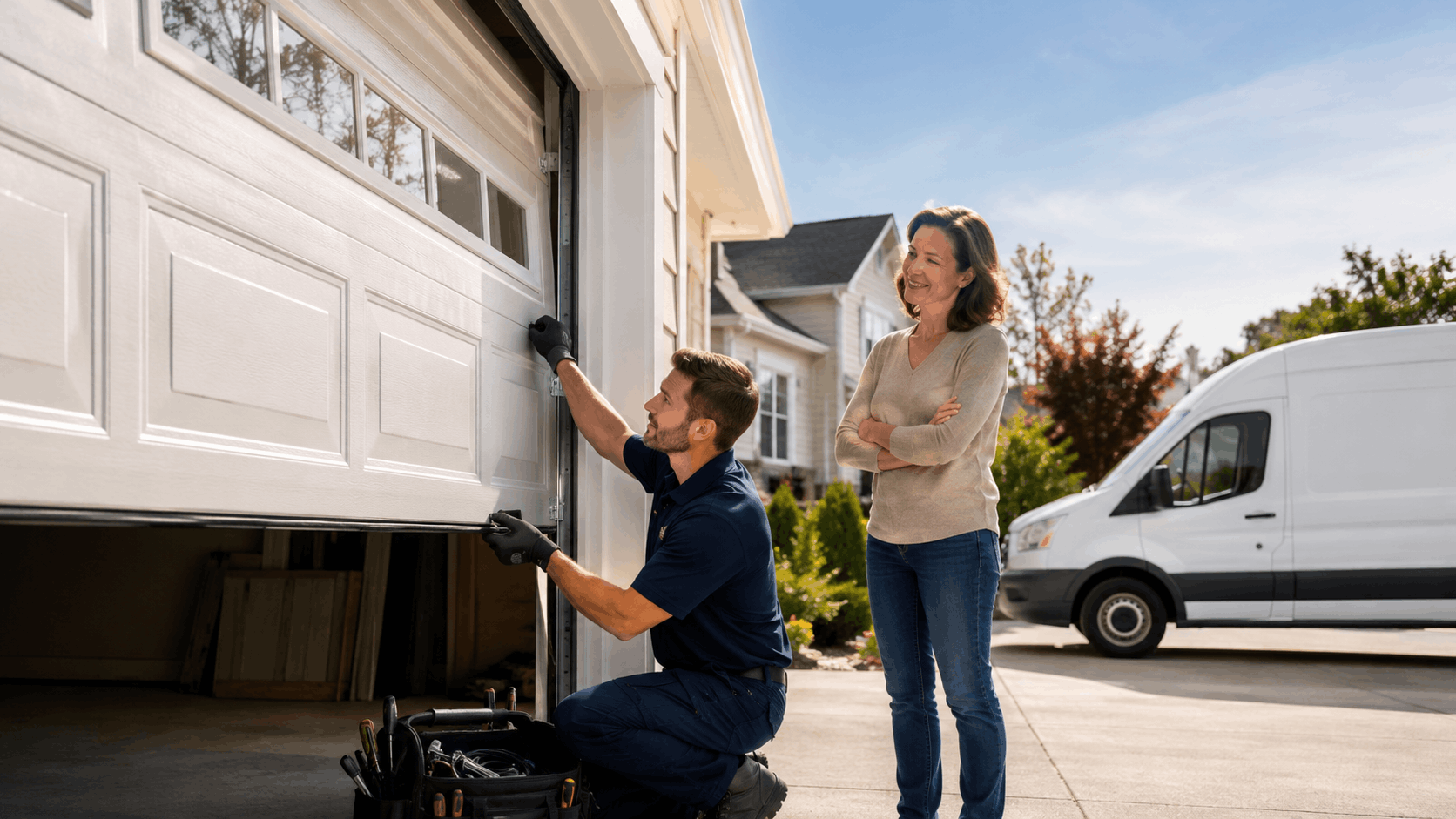 Garage door technician repairing residential door while Irvine homeowner watches nearby