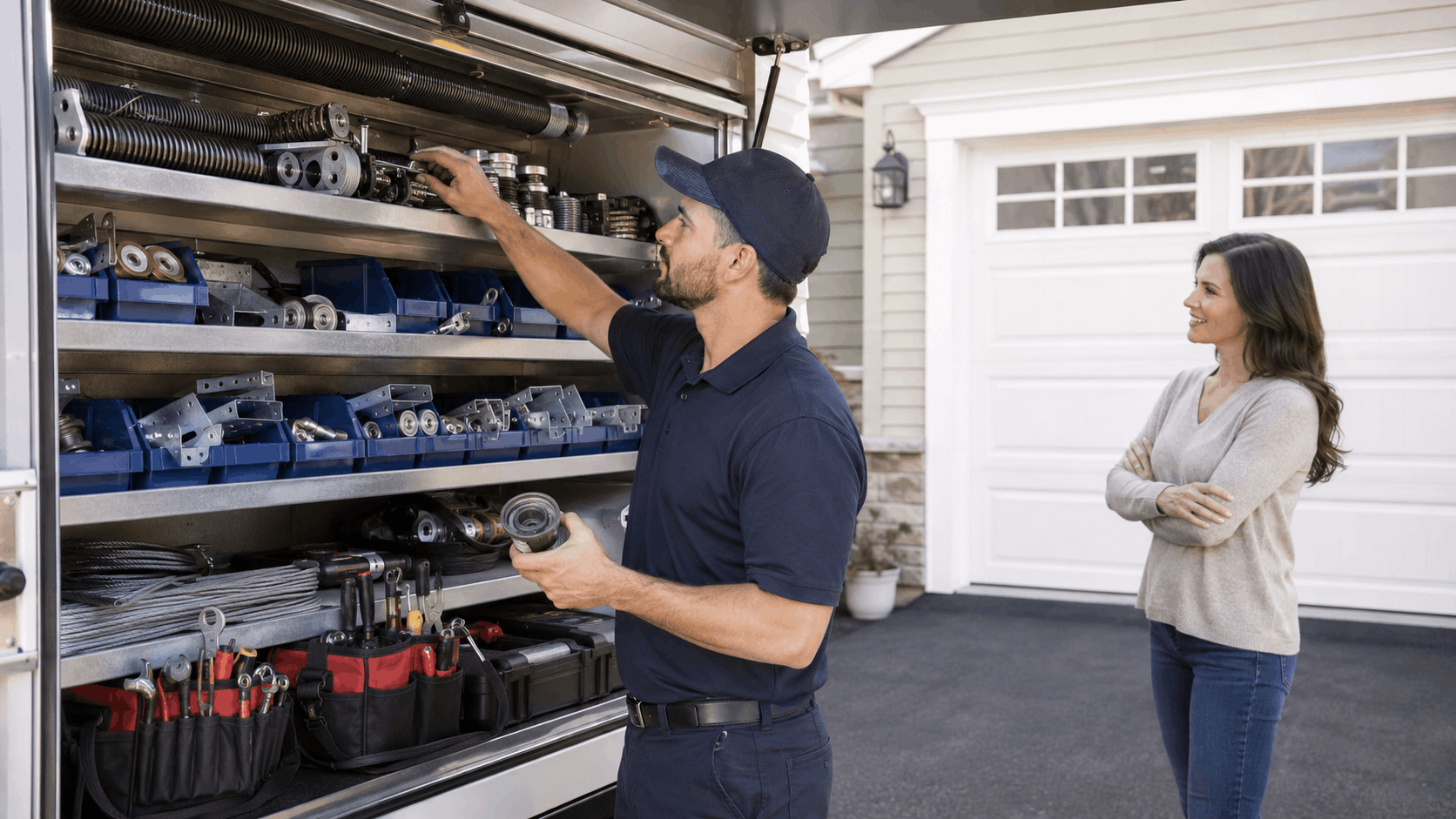 Garage door technician selecting parts from fully stocked service truck in Irvine driveway