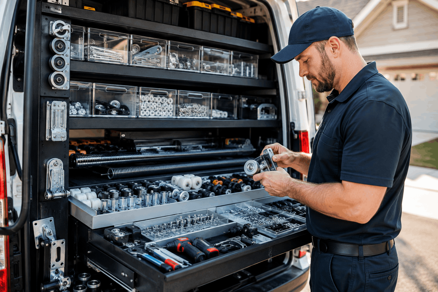 Garage door technician inspecting roller and hinge parts from organized service van