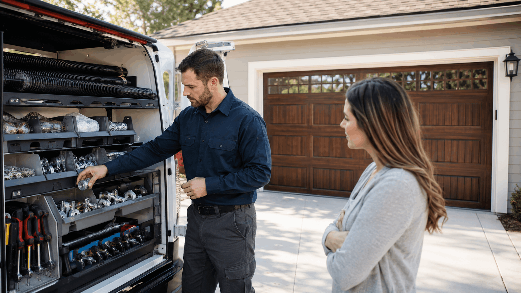 Garage door technician showing parts and openers from service van to Irvine homeowner