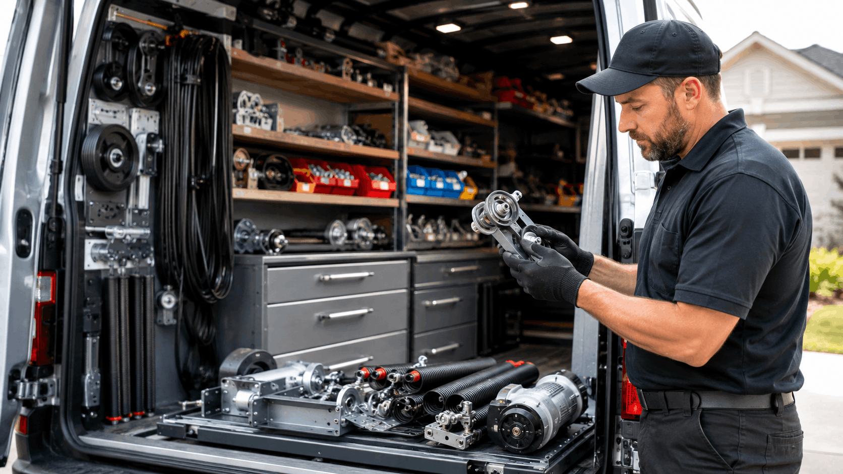 Garage door technician inspecting springs and parts from fully stocked service van