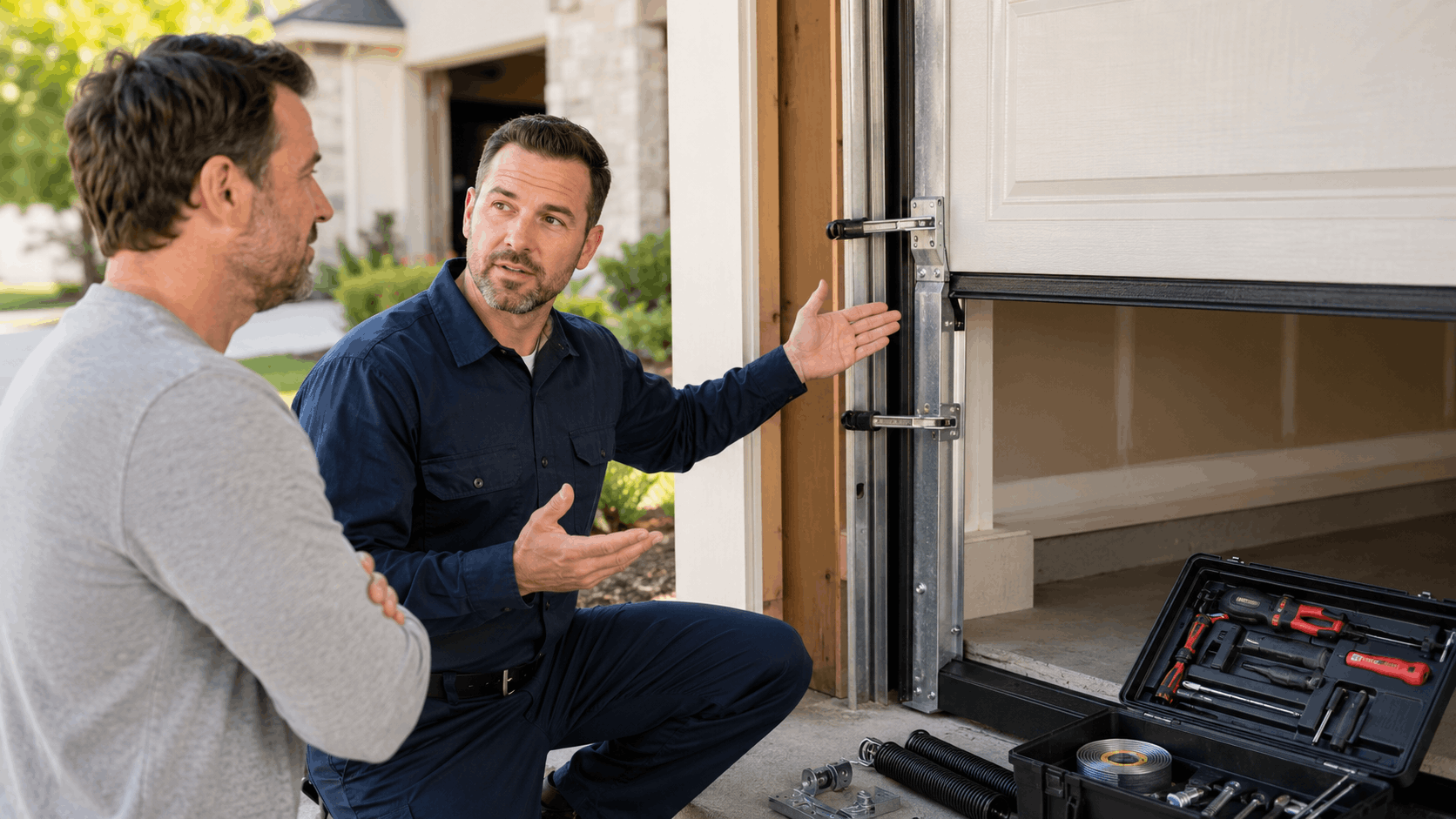 Garage door technician explaining emergency repair issue to Irvine homeowner beside open door