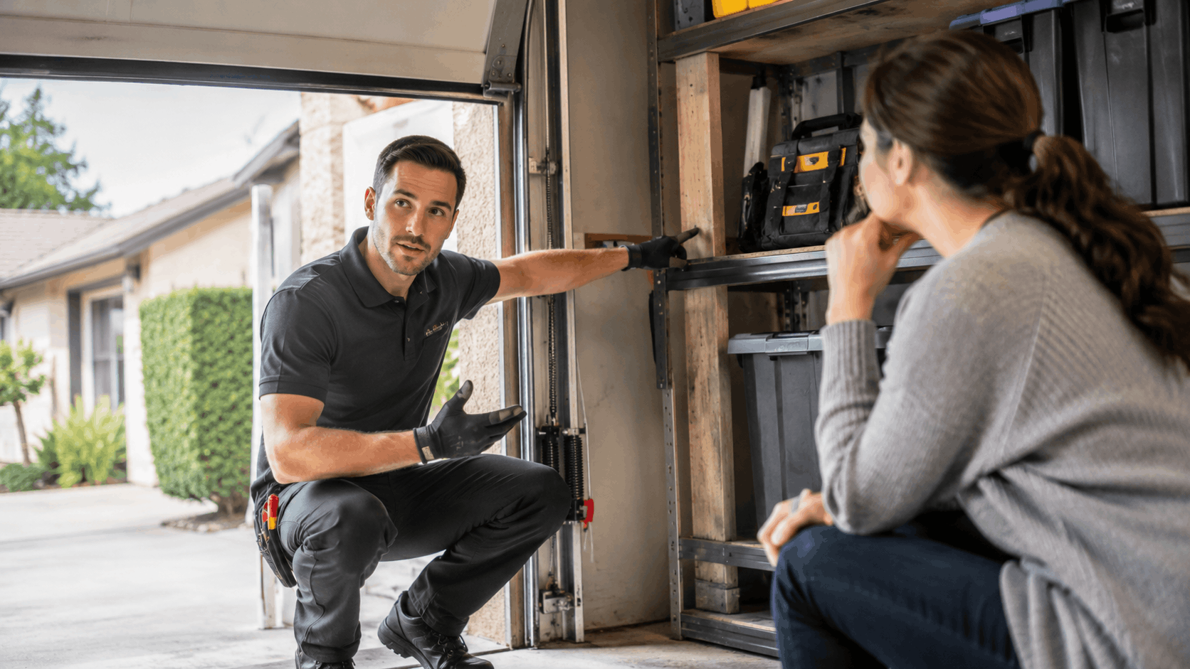 Garage door technician explaining repair details to Irvine homeowner near door track