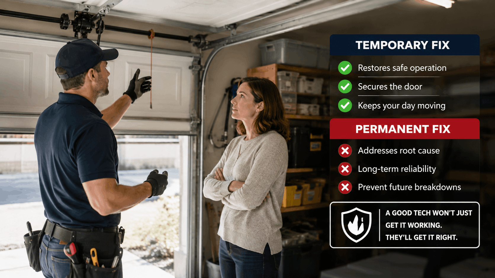 Garage door technician explaining temporary vs permanent repair options to Irvine homeowner