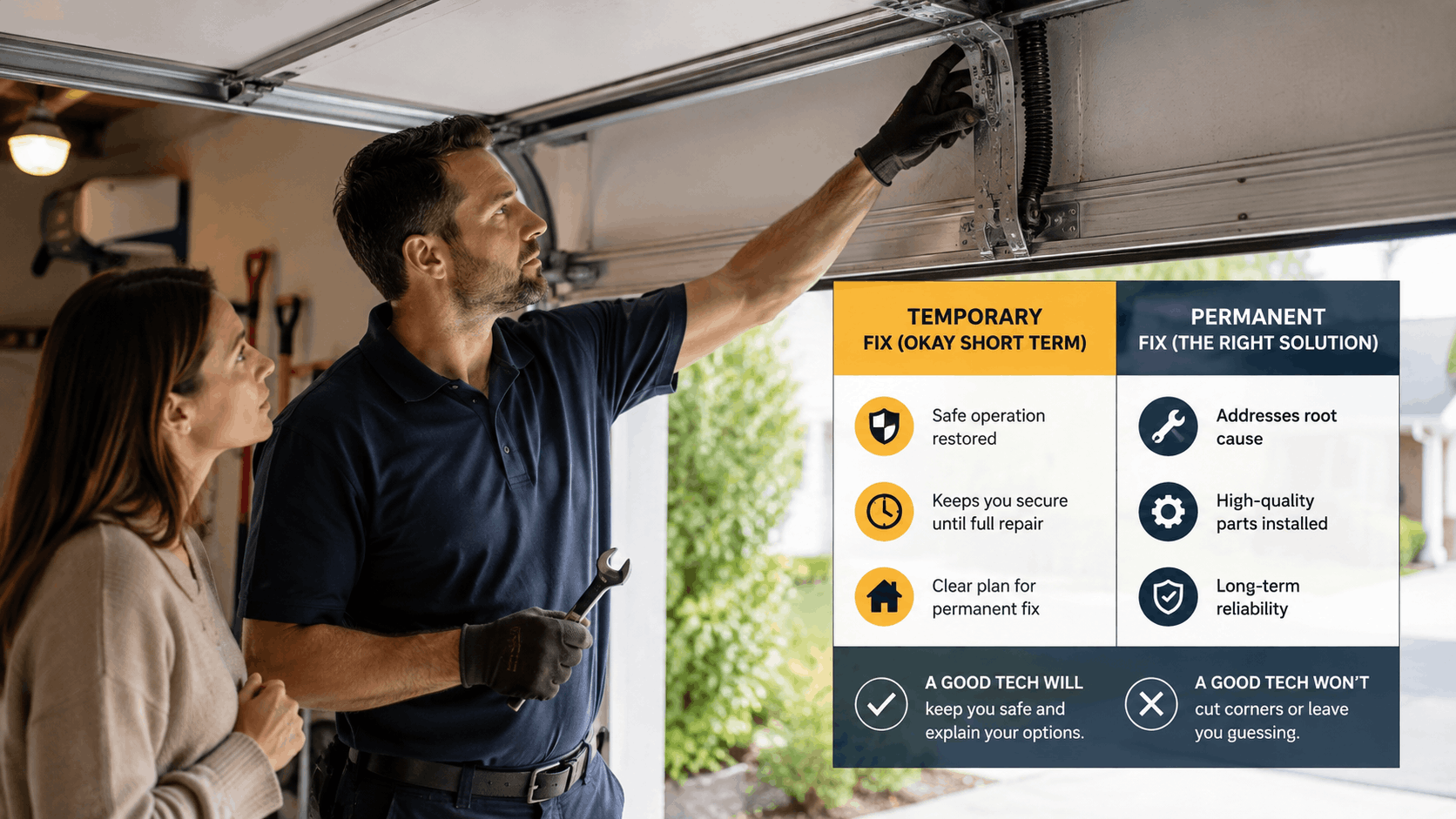 Garage door technician explaining temporary vs permanent repair options to Irvine homeowner