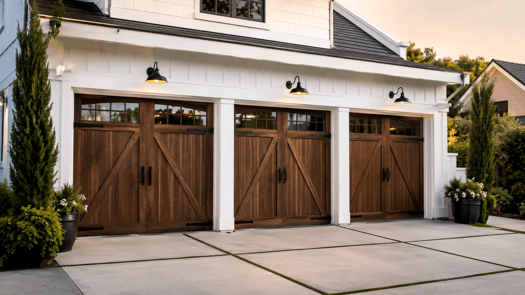 Three-car carriage house garage doors with rustic wood finish and black hardware